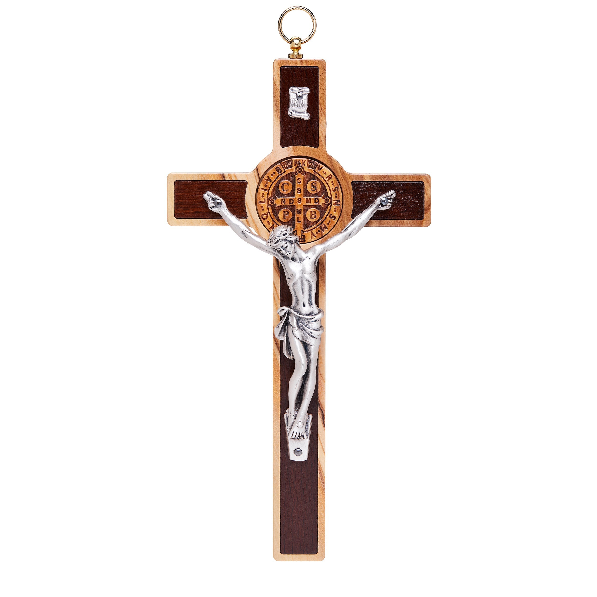 Crucifix of high quality San benedetto da Norcia, made of beech wood and silver metal of Italian craftsmanship