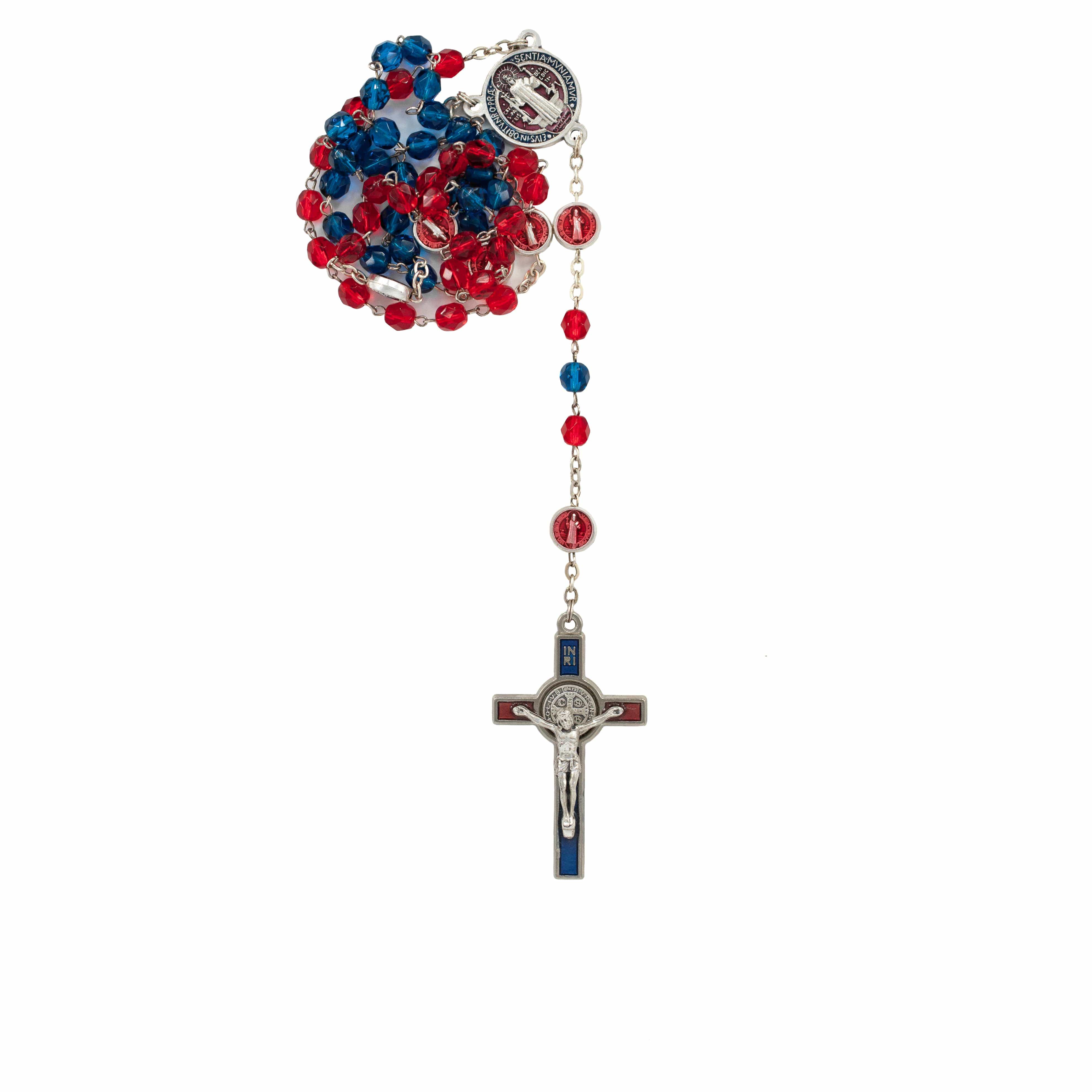 Saint Benedict Blue and Red Crystals Beads Rosary | MONDO CATTOLICO