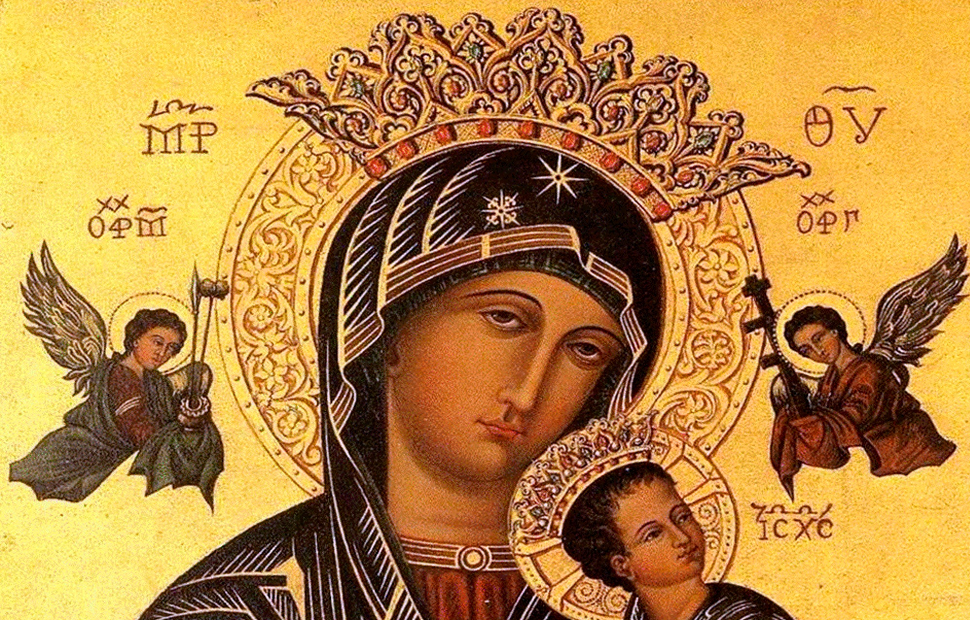 Icon Sacred Madonna of Perpetual offers Byzantine Help hand-painted on wood.