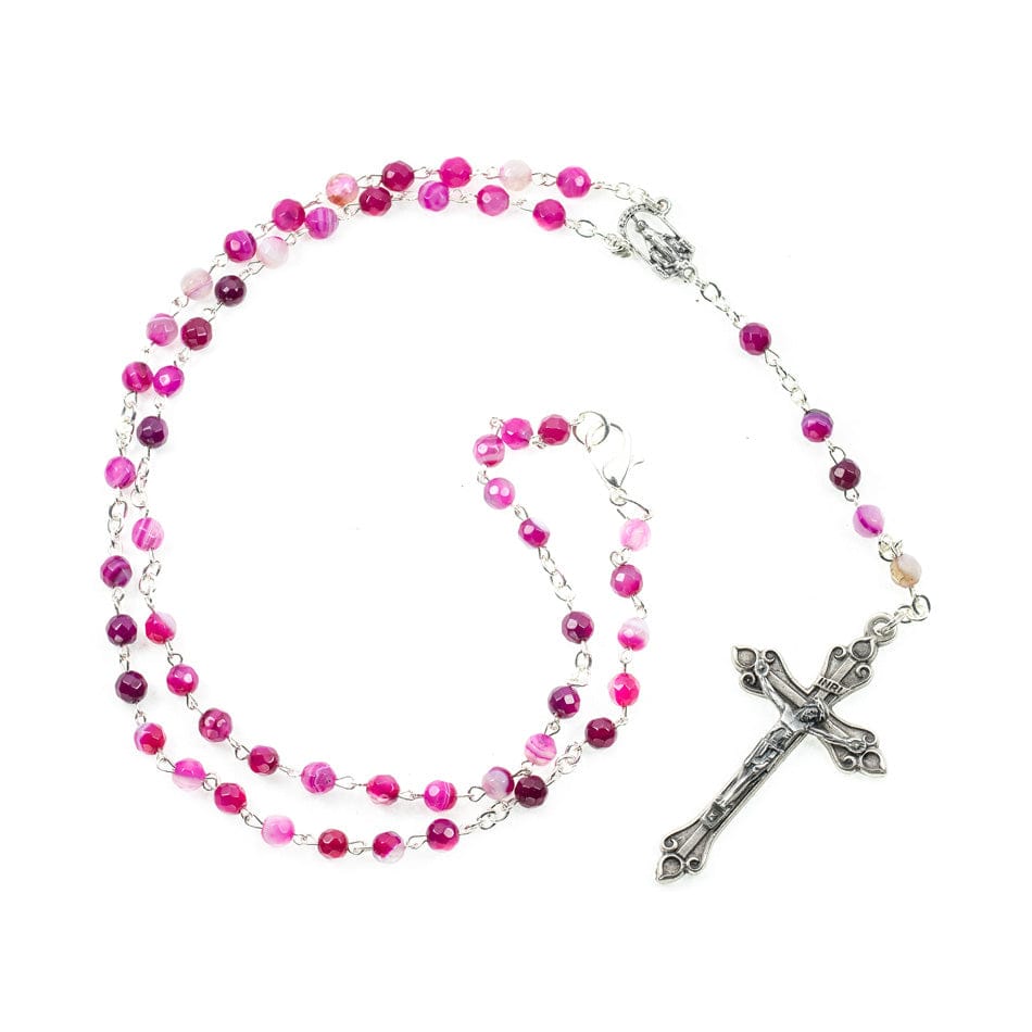 Handmade Rosary 10mm Silver Plated Pink Agate Faceted newest Beads