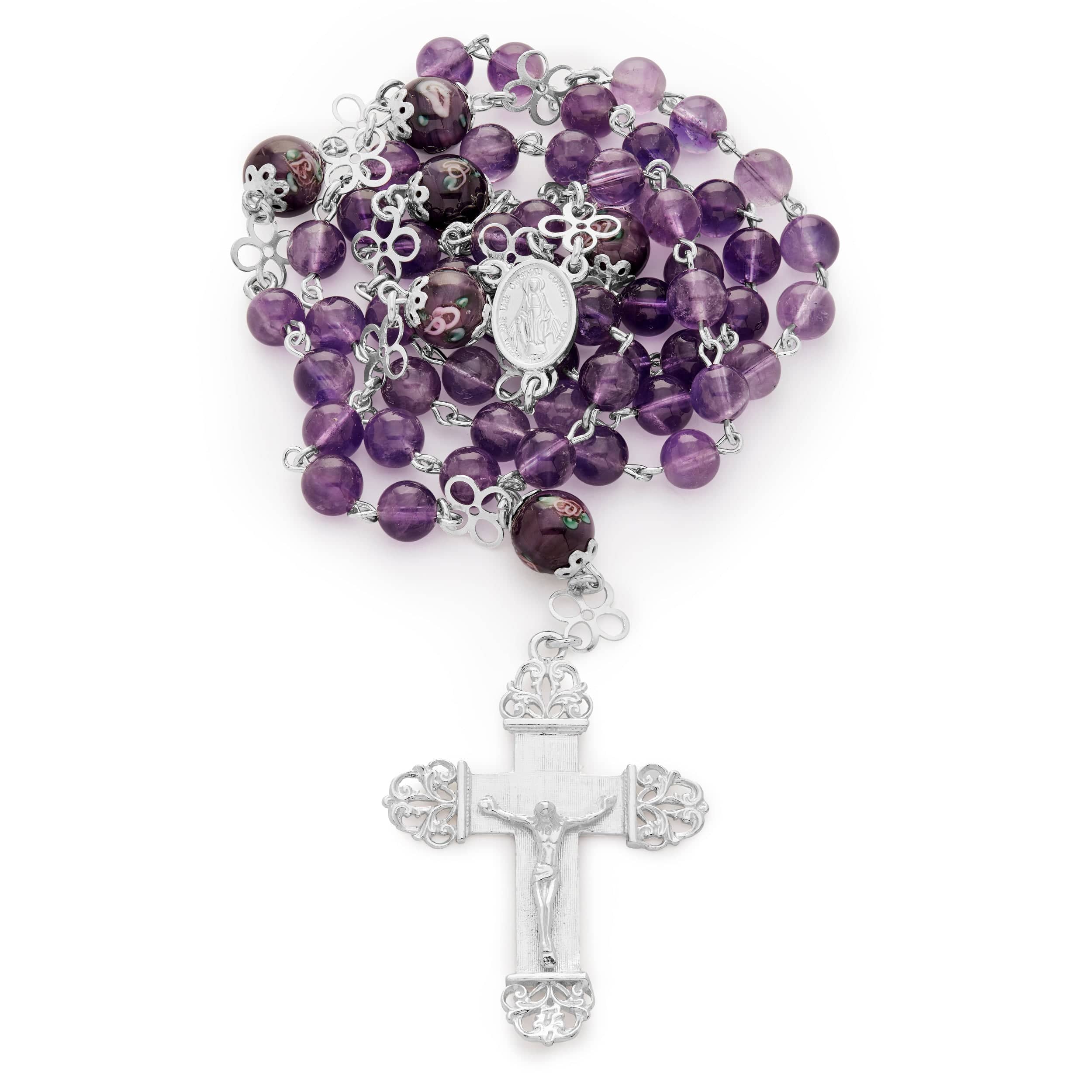 Sterling Crystal good Religious Catholic Rosary – Silver Filigree Bead Caps – Silver Crucifix Cross – 1960s