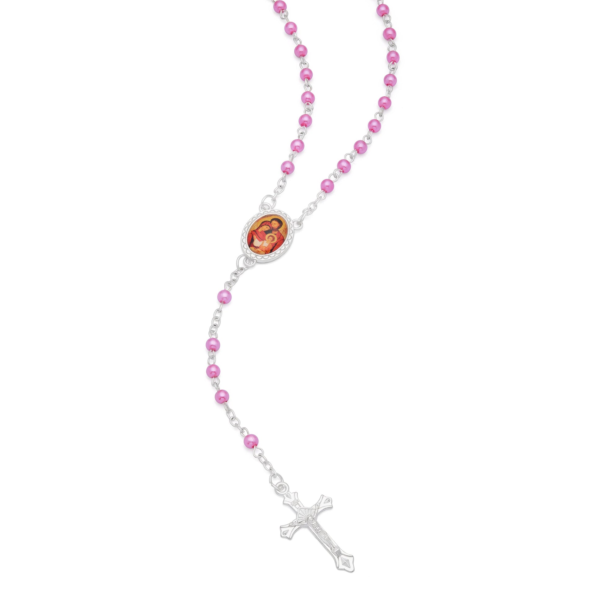 Mondo Cattolico Rosary Box 4x5 cm (1.57x1.97 in) / 4 mm (0.16 in) / 41 cm (16.14 in) Cross-shaped Holy Family Rosary Case with Fuchsia Synthetic Pearl Rosary