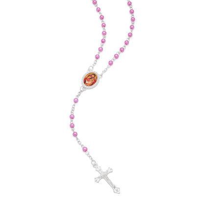 Mondo Cattolico Rosary Box 4x5 cm (1.57x1.97 in) / 4 mm (0.16 in) / 41 cm (16.14 in) Cross-shaped Holy Family Rosary Case with Fuchsia Synthetic Pearl Rosary