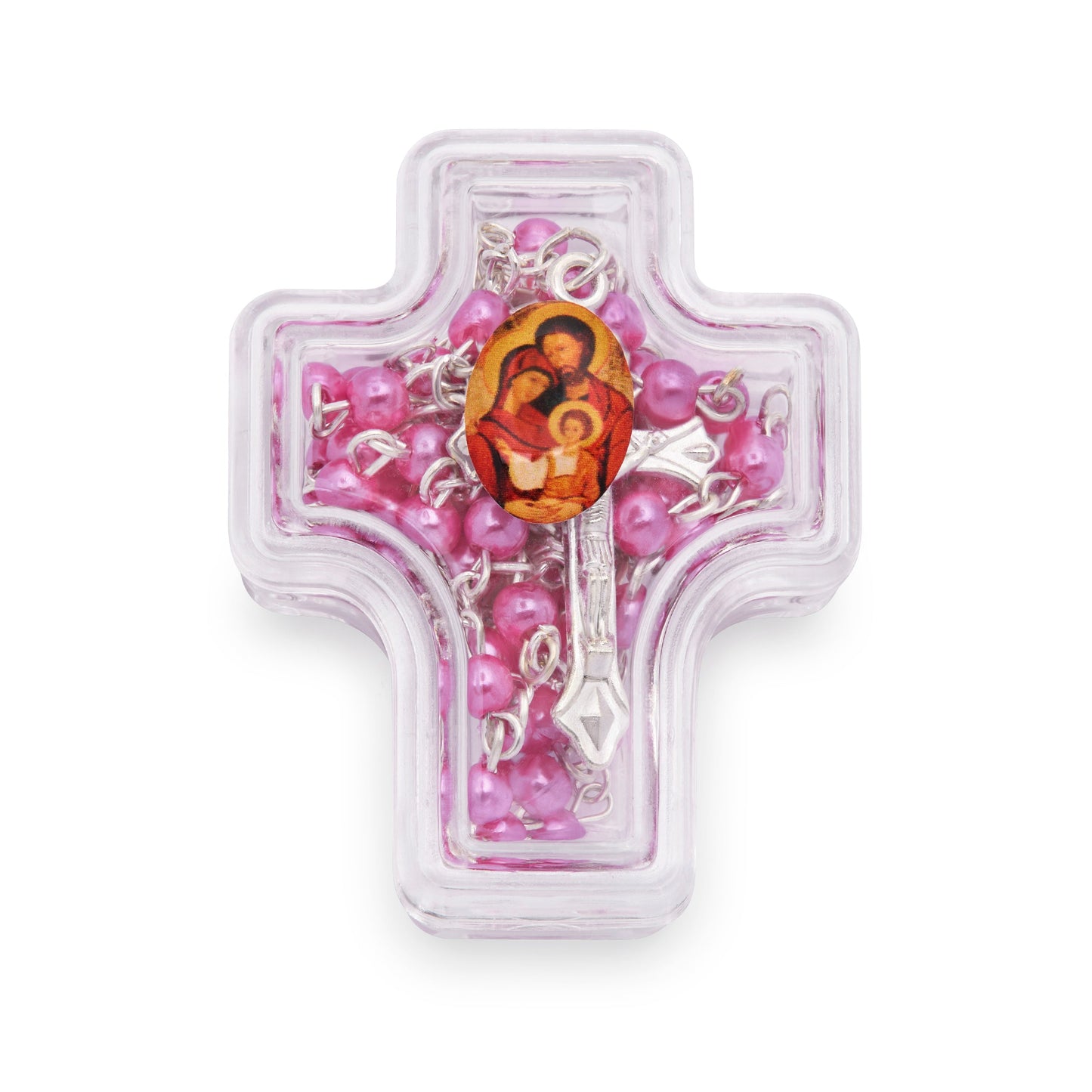 Mondo Cattolico Rosary Box 4x5 cm (1.57x1.97 in) / 4 mm (0.16 in) / 41 cm (16.14 in) Cross-shaped Holy Family Rosary Case with Fuchsia Synthetic Pearl Rosary