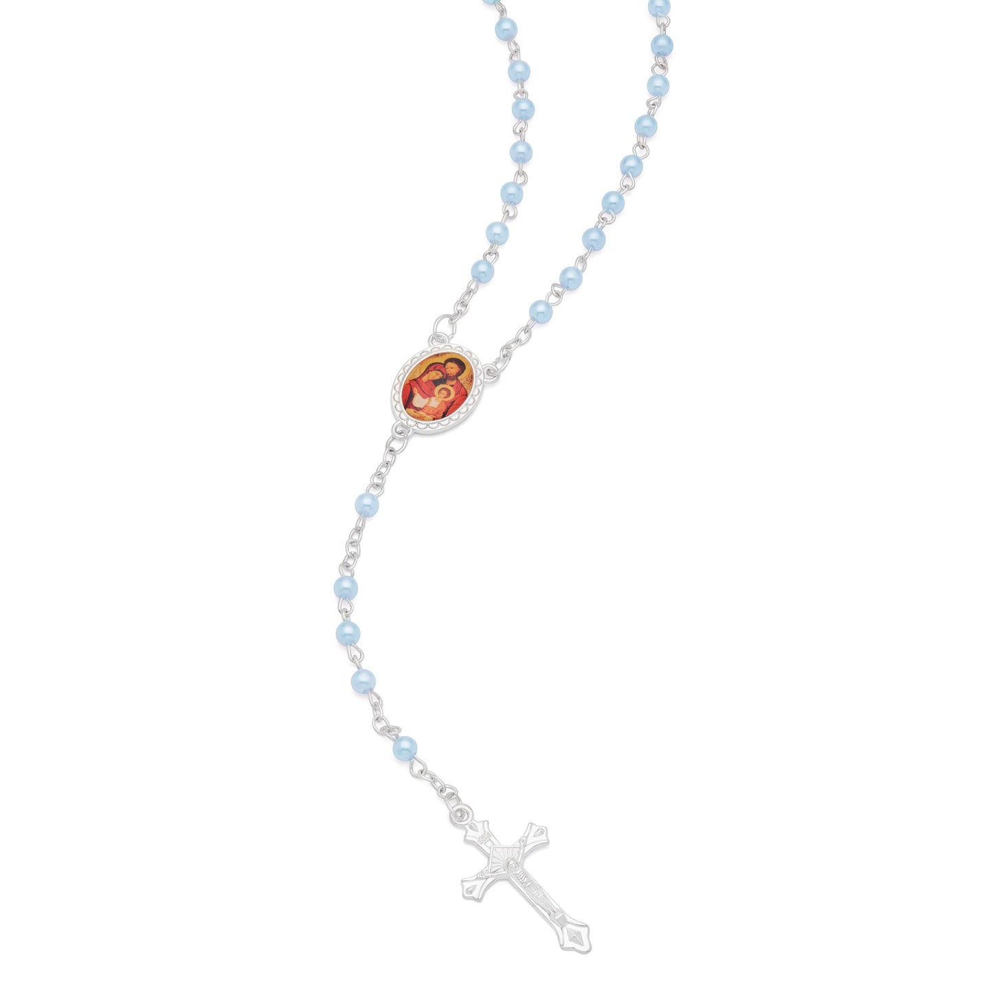 Mondo Cattolico Rosary Box 4x5 cm (1.57x1.97 in) / 4 mm (0.16 in) / 41 cm (16.14 in) Cross-shaped Holy Family Rosary Case with Light Blue Synthetic Pearl Rosary