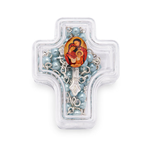 Mondo Cattolico Rosary Box 4x5 cm (1.57x1.97 in) / 4 mm (0.16 in) / 41 cm (16.14 in) Cross-shaped Holy Family Rosary Case with Light Blue Synthetic Pearl Rosary