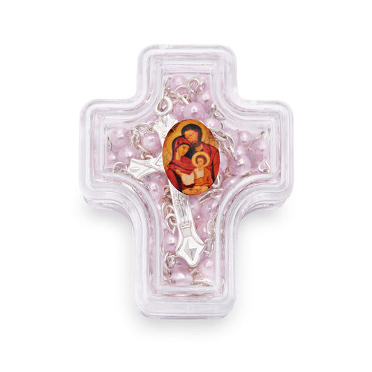 Mondo Cattolico Rosary Box 4x5 cm (1.57x1.97 in) / 4 mm (0.16 in) / 41 cm (16.14 in) Cross-shaped Holy Family Rosary Case with Light Pink Synthetic Pearl Rosary