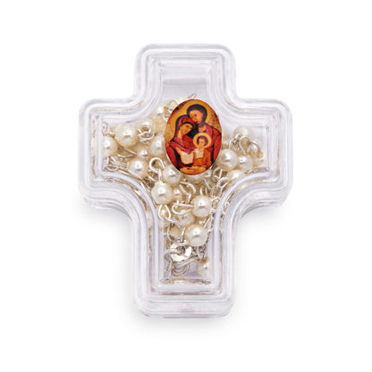 Mondo Cattolico Rosary Box 4x5 cm (1.57x1.97 in) / 4 mm (0.16 in) / 41 cm (16.14 in) Cross-shaped Holy Family Rosary Case with White Synthetic Pearl Rosary