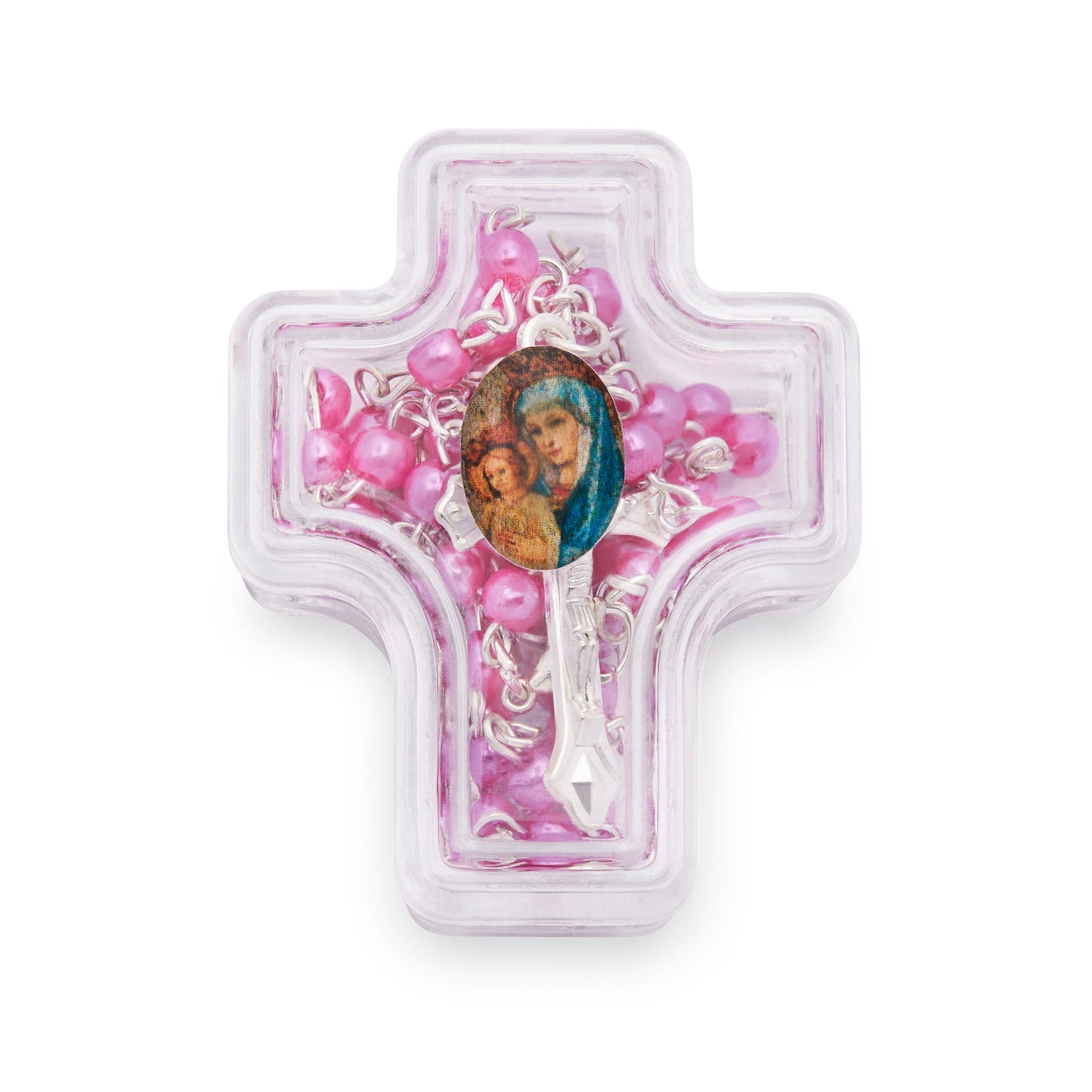 Mondo Cattolico Rosary Box 4x5 cm (1.57x1.97 in) / 4 mm (0.16 in) / 41 cm (16.14 in) Cross-shaped Mater Ecclesiae Rosary Case with Fuchsia Synthetic Pearl Rosary