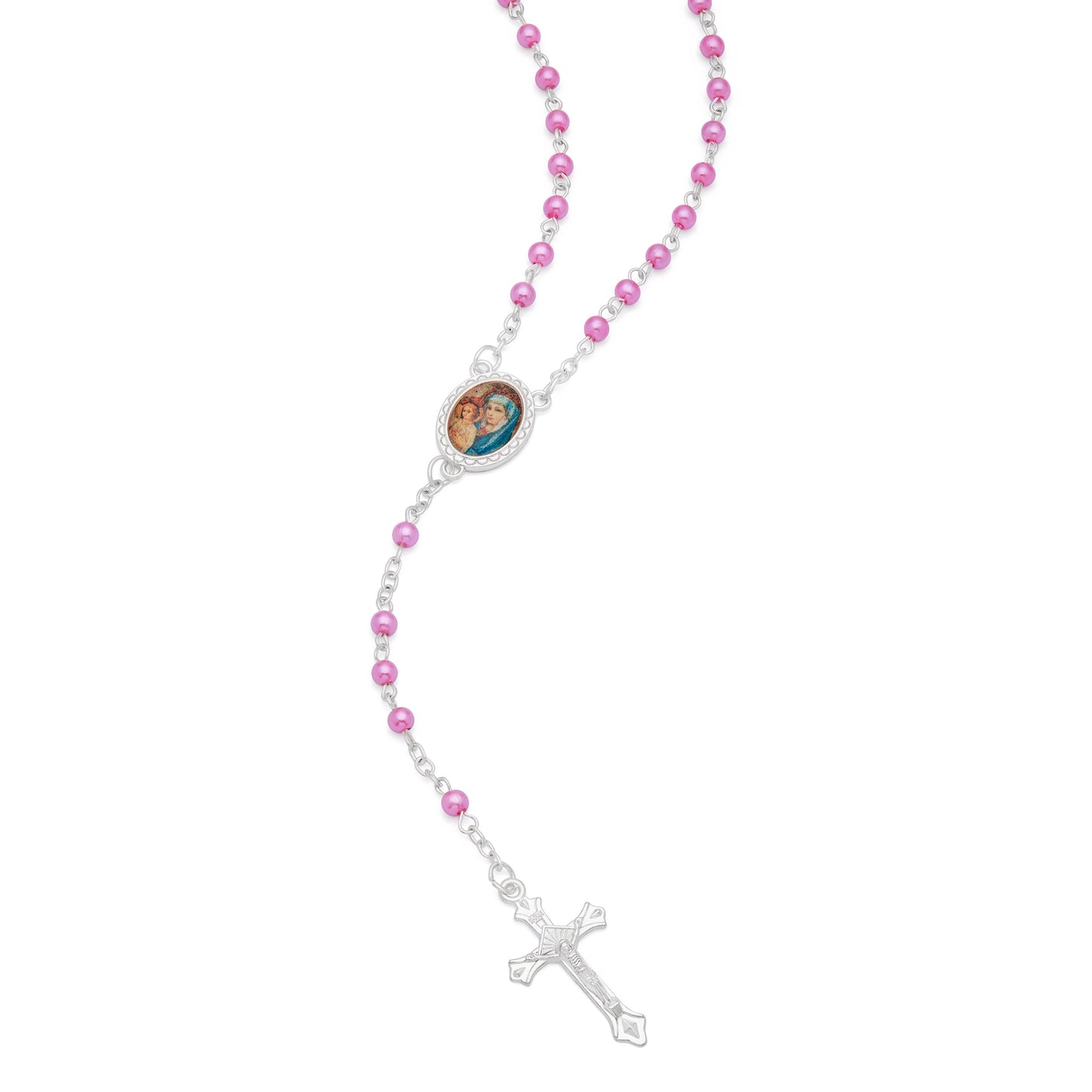 Mondo Cattolico Rosary Box 4x5 cm (1.57x1.97 in) / 4 mm (0.16 in) / 41 cm (16.14 in) Cross-shaped Mater Ecclesiae Rosary Case with Fuchsia Synthetic Pearl Rosary