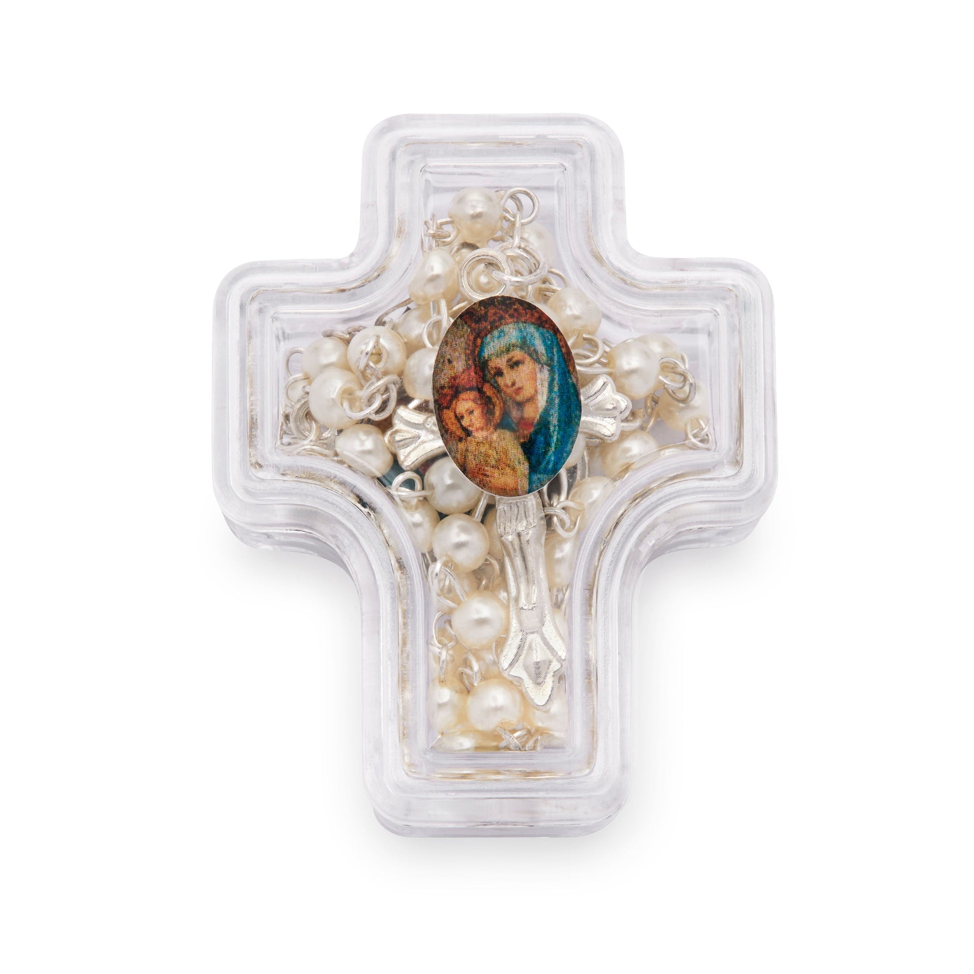 Mondo Cattolico Rosary Box 4x5 cm (1.57x1.97 in) / 4 mm (0.16 in) / 41 cm (16.14 in) Cross-shaped Mater Ecclesiae Rosary Case with White Synthetic Pearl Rosary