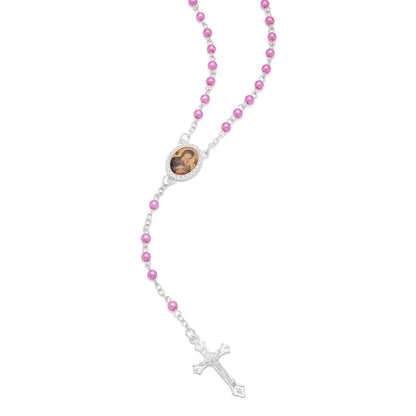 Mondo Cattolico Rosary Box 4x5 cm (1.57x1.97 in) / 4 mm (0.16 in) / 41 cm (16.14 in) Cross-shaped Our Lady of Perpetual Help Rosary Case with Fuchsia Synthetic Pearl Rosary