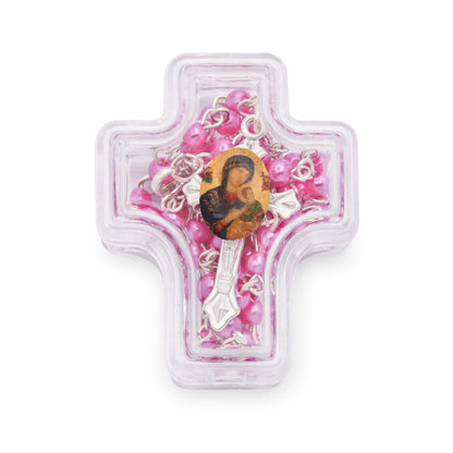 Mondo Cattolico Rosary Box 4x5 cm (1.57x1.97 in) / 4 mm (0.16 in) / 41 cm (16.14 in) Cross-shaped Our Lady of Perpetual Help Rosary Case with Fuchsia Synthetic Pearl Rosary