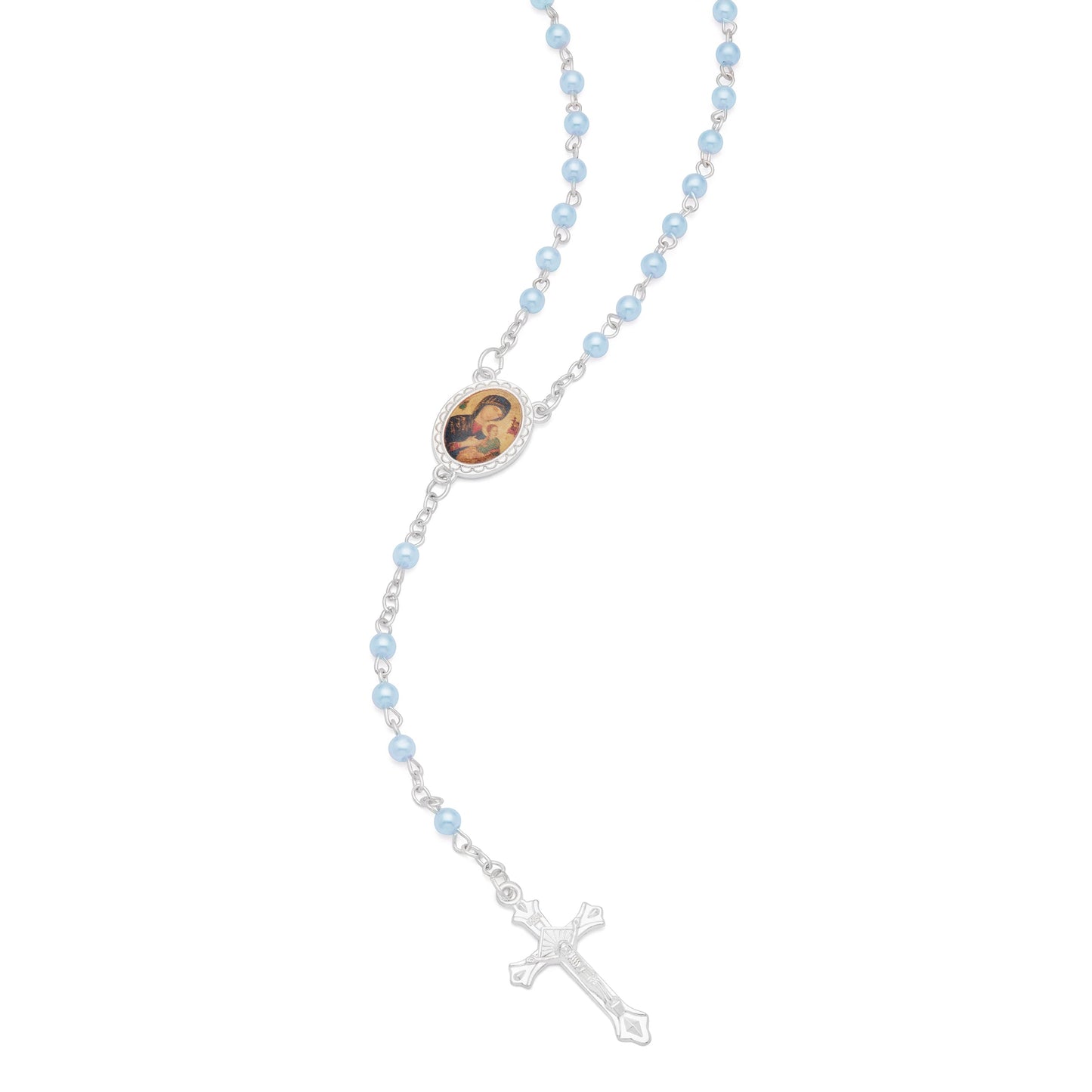 Mondo Cattolico Rosary Box 4x5 cm (1.57x1.97 in) / 4 mm (0.16 in) / 41 cm (16.14 in) Cross-shaped Our Lady of Perpetual Help Rosary Case with Light Blue Synthetic Pearl Rosary