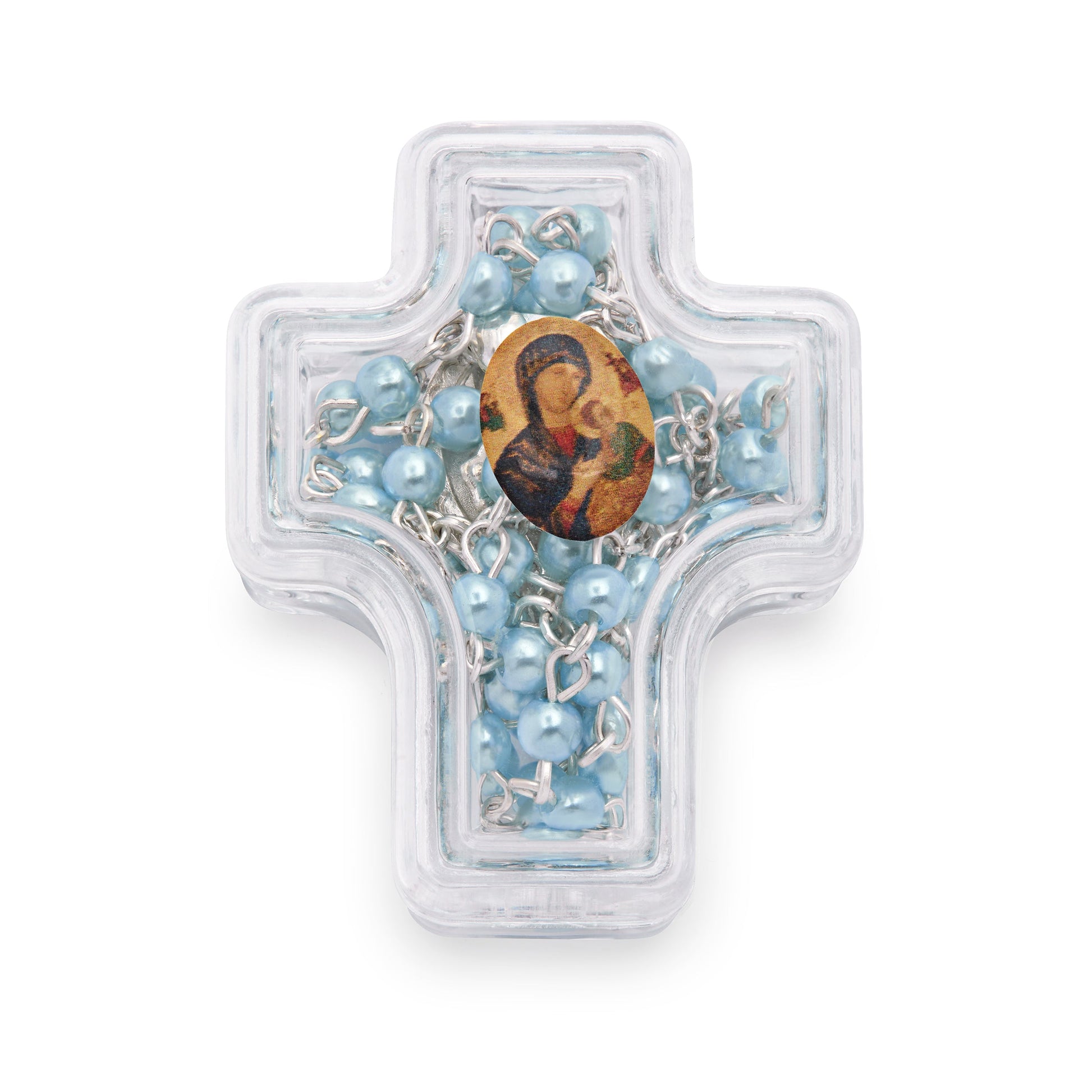 Mondo Cattolico Rosary Box 4x5 cm (1.57x1.97 in) / 4 mm (0.16 in) / 41 cm (16.14 in) Cross-shaped Our Lady of Perpetual Help Rosary Case with Light Blue Synthetic Pearl Rosary