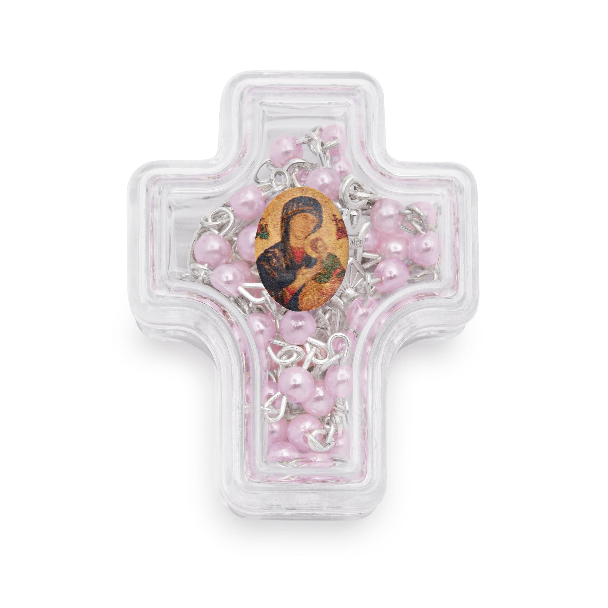 Mondo Cattolico Rosary Box 4x5 cm (1.57x1.97 in) / 4 mm (0.16 in) / 41 cm (16.14 in) Cross-shaped Our Lady of Perpetual Help Rosary Case with Light Pink Synthetic Pearl Rosary