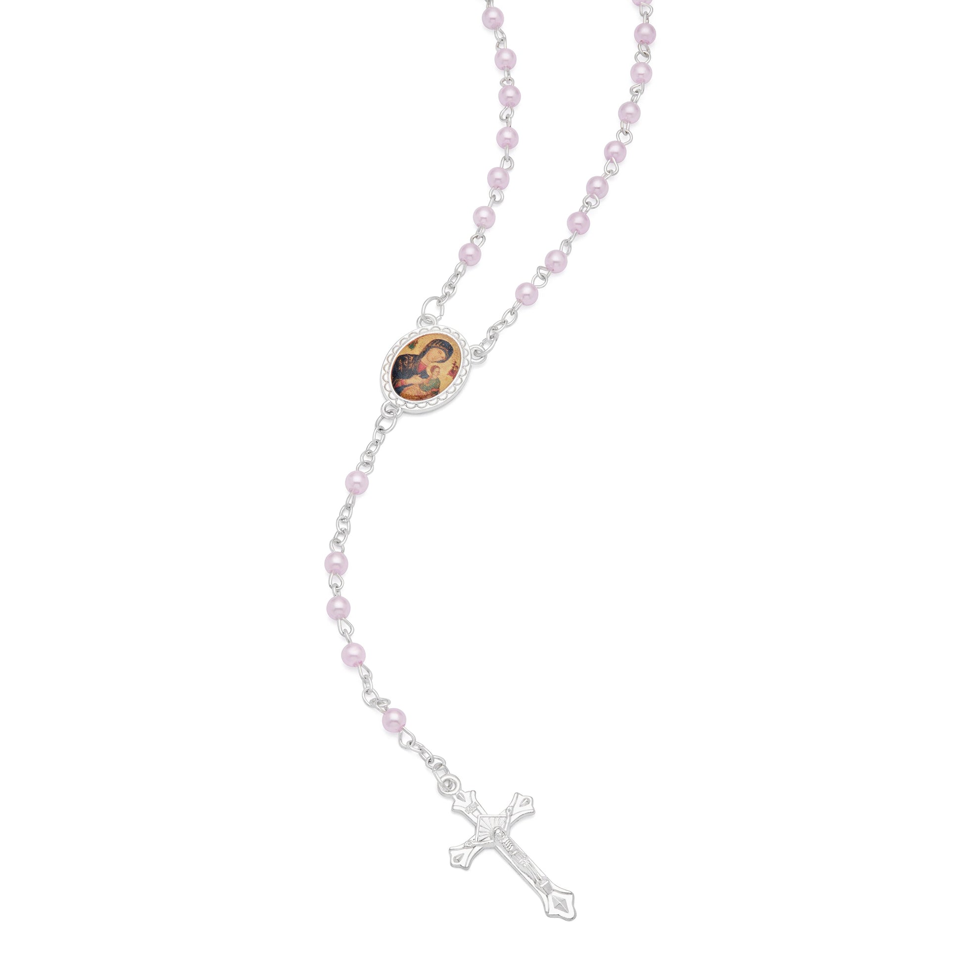 Mondo Cattolico Rosary Box 4x5 cm (1.57x1.97 in) / 4 mm (0.16 in) / 41 cm (16.14 in) Cross-shaped Our Lady of Perpetual Help Rosary Case with Light Pink Synthetic Pearl Rosary