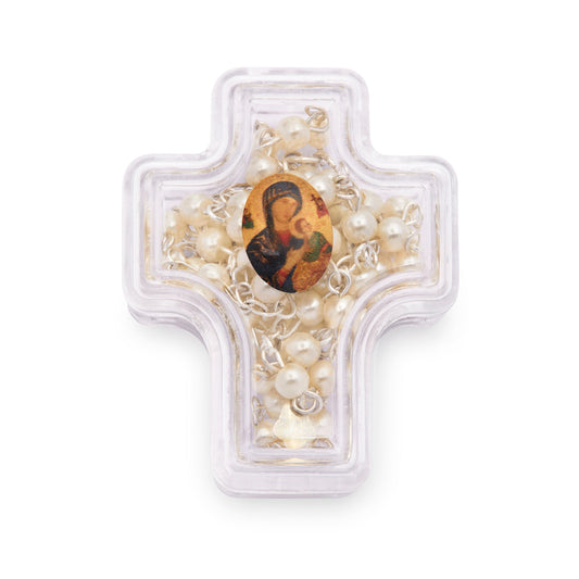 Mondo Cattolico Rosary Box 4x5 cm (1.57x1.97 in) / 4 mm (0.16 in) / 41 cm (16.14 in) Cross-shaped Our Lady of Perpetual Help Rosary Case with White Synthetic Pearl Rosary