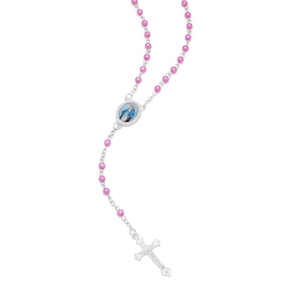 Mondo Cattolico Rosary Box 4x5 cm (1.57x1.97 in) / 4 mm (0.16 in) / 41 cm (16.14 in) Cross-shaped Our Lady of the Miraculous Medal Rosary Case with Fuchsia Synthetic Pearl Rosary