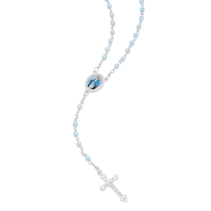 Mondo Cattolico Rosary Box 4x5 cm (1.57x1.97 in) / 4 mm (0.16 in) / 41 cm (16.14 in) Cross-shaped Our Lady of the Miraculous Medal Rosary Case with Light Blue Synthetic Pearl Rosary