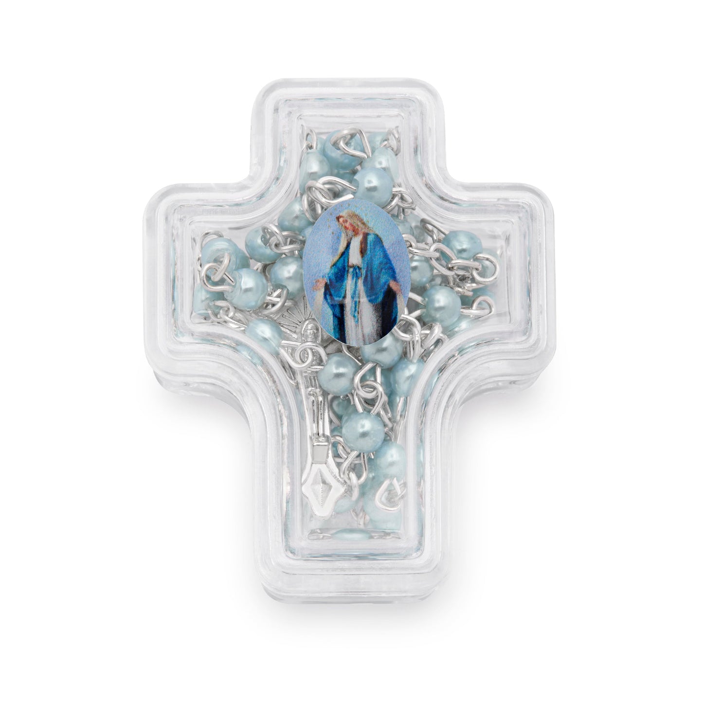 Mondo Cattolico Rosary Box 4x5 cm (1.57x1.97 in) / 4 mm (0.16 in) / 41 cm (16.14 in) Cross-shaped Our Lady of the Miraculous Medal Rosary Case with Light Blue Synthetic Pearl Rosary