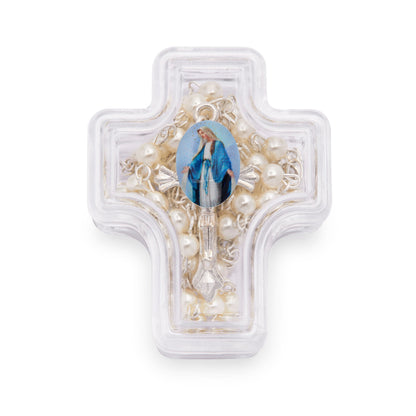 Mondo Cattolico Rosary Box 4x5 cm (1.57x1.97 in) / 4 mm (0.16 in) / 41 cm (16.14 in) Cross-shaped Our Lady of the Miraculous Medal Rosary Case with White Synthetic Pearl Rosary