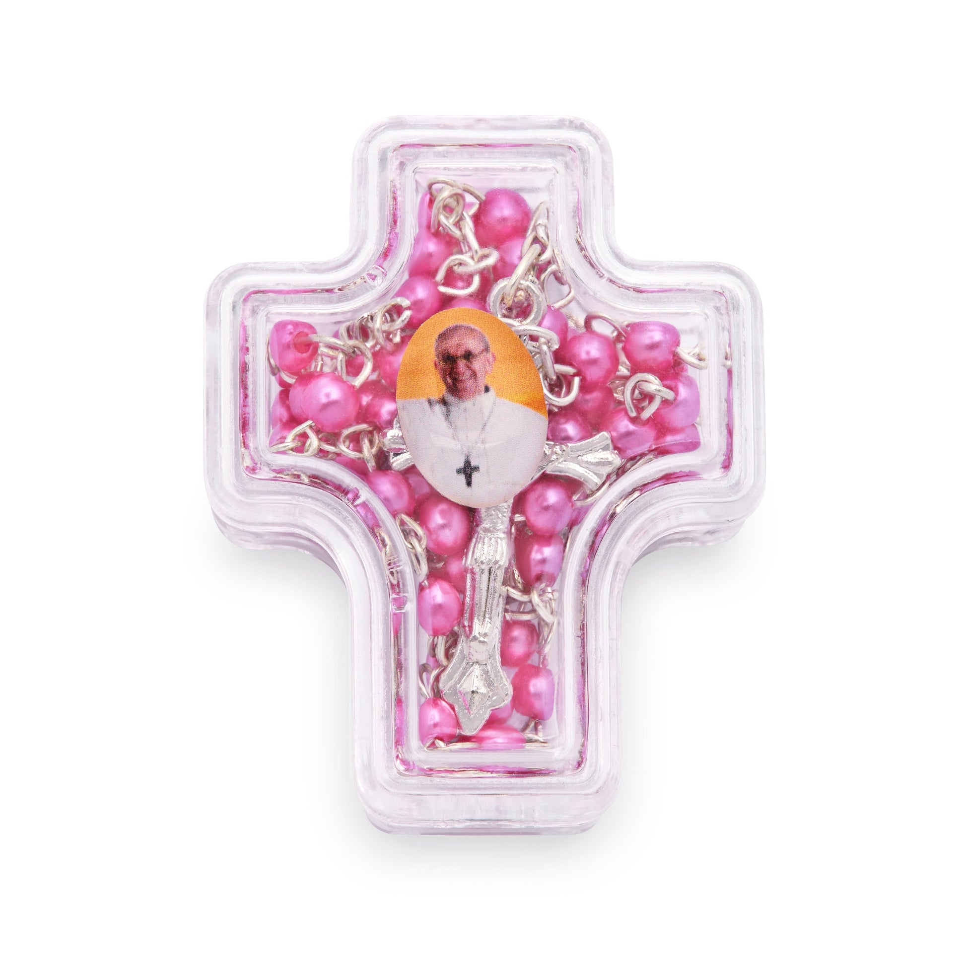 Mondo Cattolico Rosary Box 4x5 cm (1.57x1.97 in) / 4 mm (0.16 in) / 41 cm (16.14 in) Cross-shaped Pope Francis Rosary Case with Fuchsia Synthetic Pearl Rosary