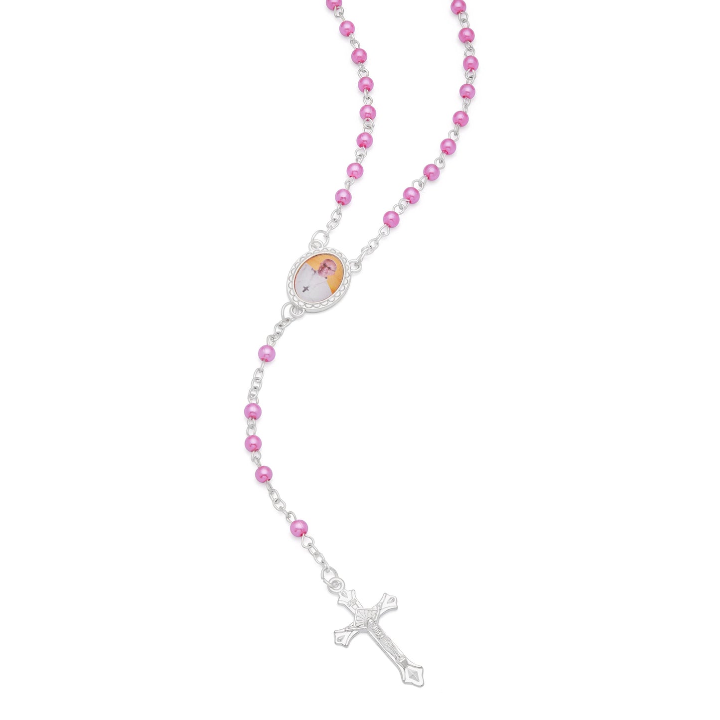 Mondo Cattolico Rosary Box 4x5 cm (1.57x1.97 in) / 4 mm (0.16 in) / 41 cm (16.14 in) Cross-shaped Pope Francis Rosary Case with Fuchsia Synthetic Pearl Rosary