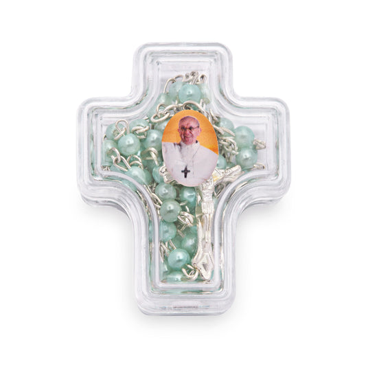 Mondo Cattolico Rosary Box 4x5 cm (1.57x1.97 in) / 4 mm (0.16 in) / 41 cm (16.14 in) Cross-shaped Pope Francis Rosary Case with Light Green Synthetic Pearl Rosary