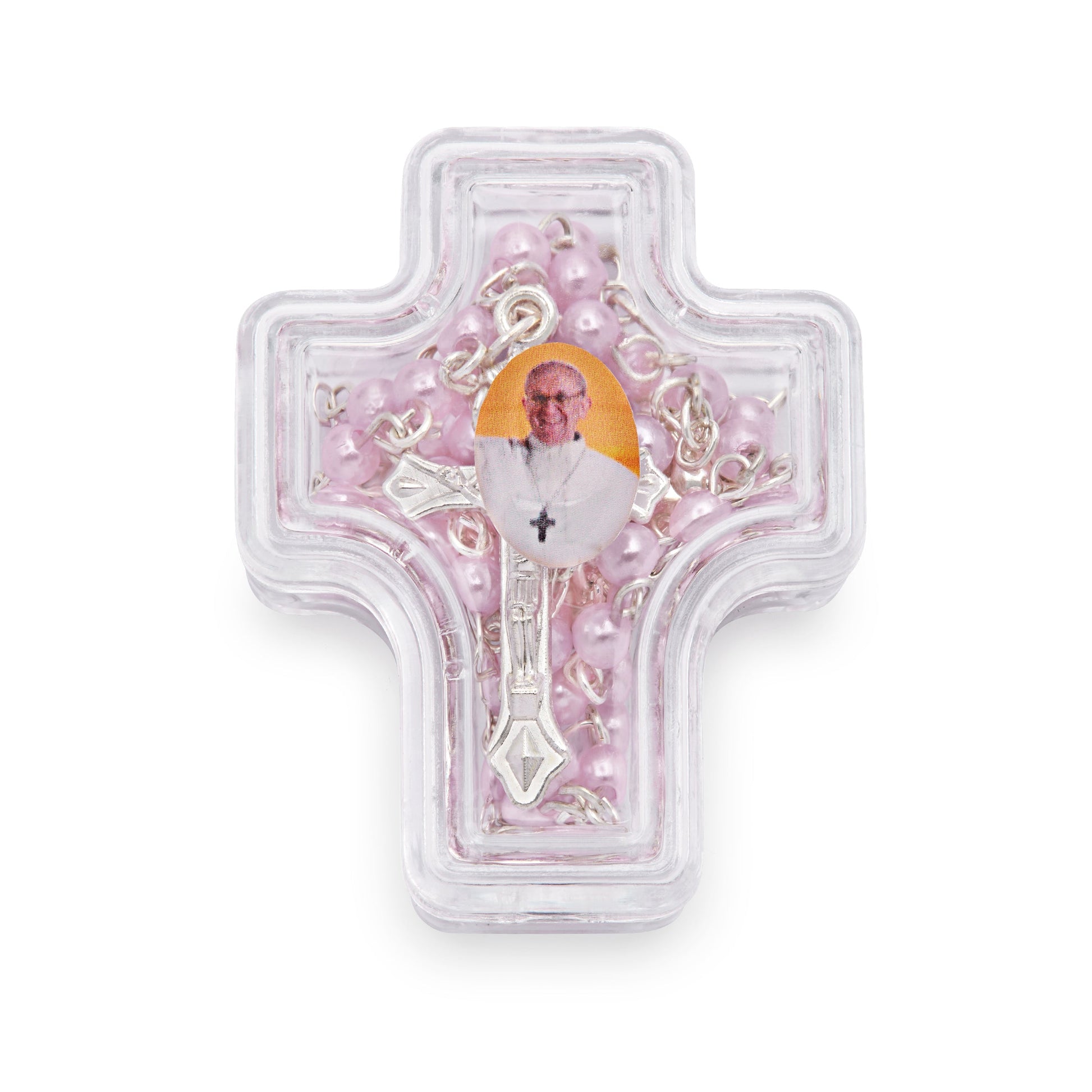 Mondo Cattolico Rosary Box 4x5 cm (1.57x1.97 in) / 4 mm (0.16 in) / 41 cm (16.14 in) Cross-shaped Pope Francis Rosary Case with Light Pink Synthetic Pearl Rosary