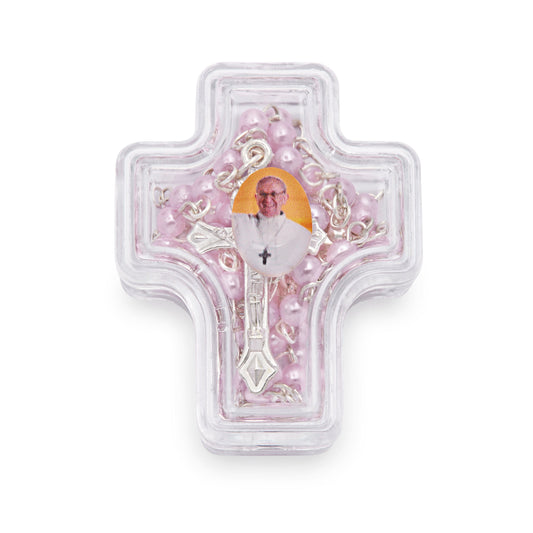 Mondo Cattolico Rosary Box 4x5 cm (1.57x1.97 in) / 4 mm (0.16 in) / 41 cm (16.14 in) Cross-shaped Pope Francis Rosary Case with Light Pink Synthetic Pearl Rosary