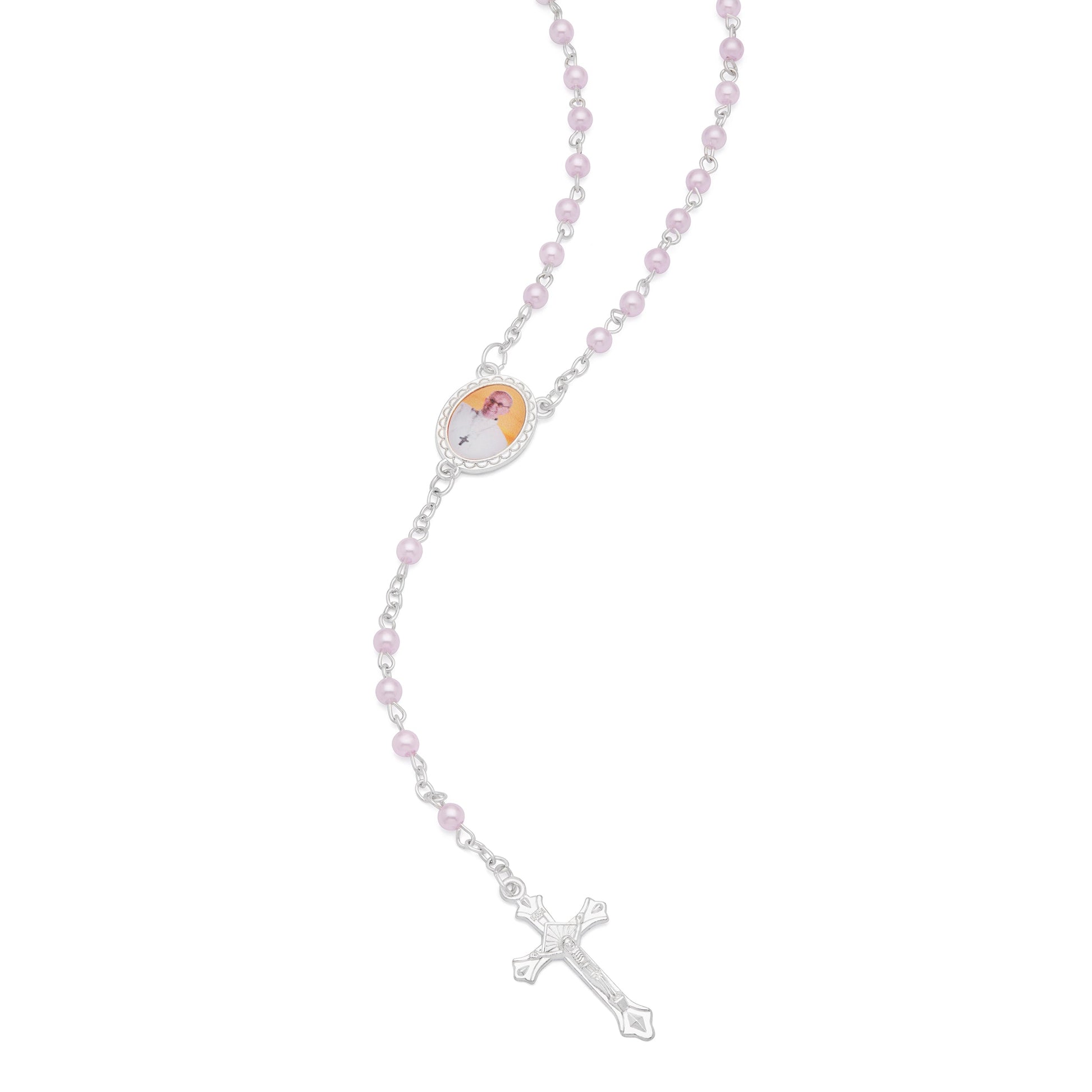 Mondo Cattolico Rosary Box 4x5 cm (1.57x1.97 in) / 4 mm (0.16 in) / 41 cm (16.14 in) Cross-shaped Pope Francis Rosary Case with Light Pink Synthetic Pearl Rosary