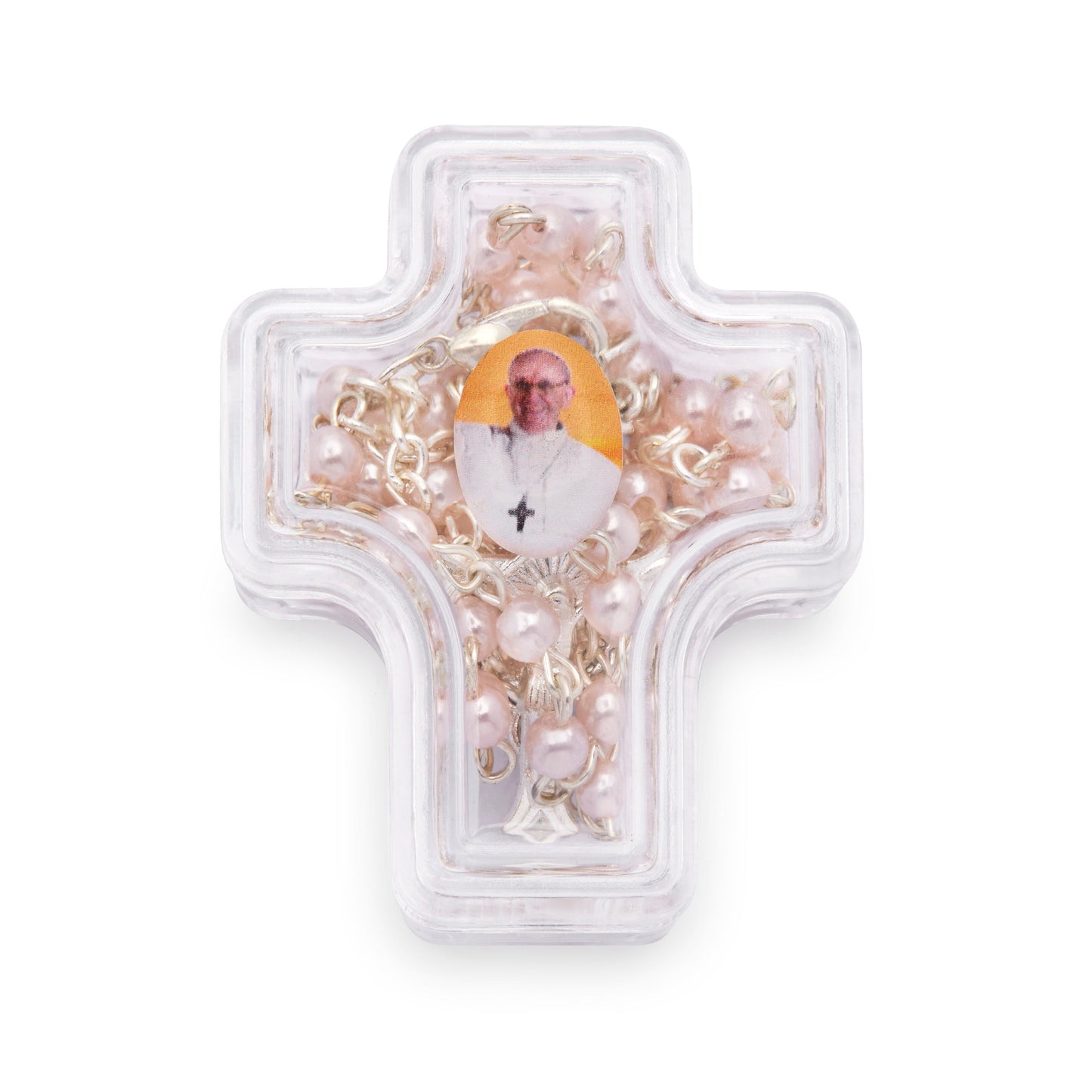 Mondo Cattolico Rosary Box 4x5 cm (1.57x1.97 in) / 4 mm (0.16 in) / 41 cm (16.14 in) Cross-shaped Pope Francis Rosary Case with White Synthetic Pearl Rosary