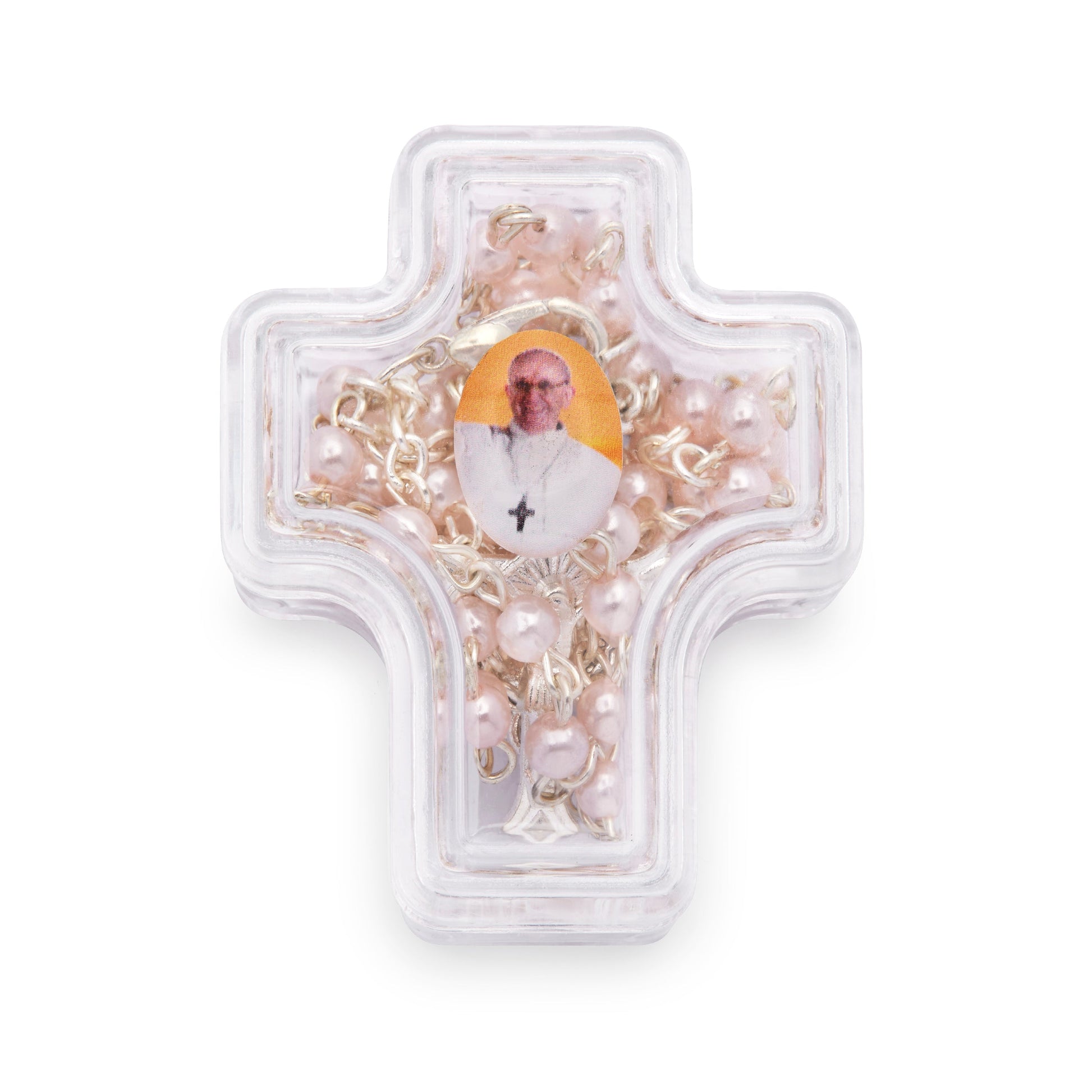 Mondo Cattolico Rosary Box 4x5 cm (1.57x1.97 in) / 4 mm (0.16 in) / 41 cm (16.14 in) Cross-shaped Pope Francis Rosary Case with White Synthetic Pearl Rosary