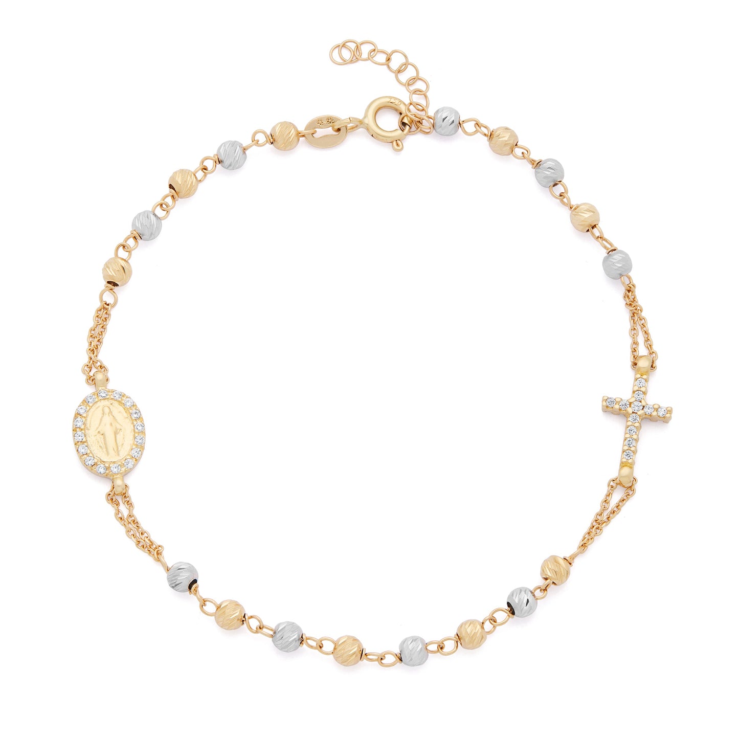 Mondo Cattolico D&amp;G Bracelet with Yellow Gold and White Gold Small Faceted Beads with Miraculous Medal and Cross in Cubic Zirconia