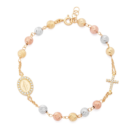 Mondo Cattolico D&G Bracelet with Yellow Gold, White Gold, and Rose Gold Faceted Beads with Miraculous Medal and Cross in Cubic Zirconia