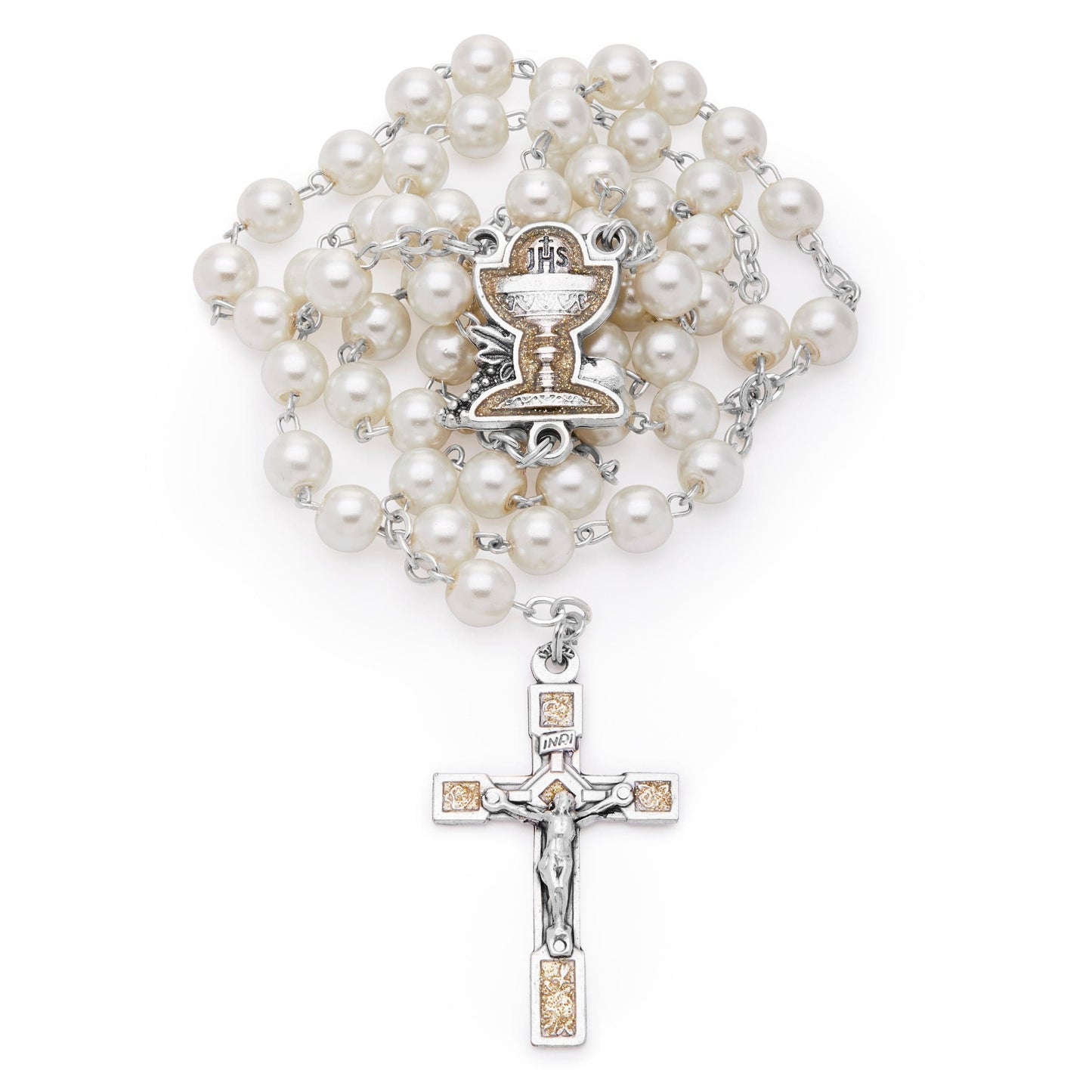First Communion Rosary Bead Case, Bead & ribbon Accent, White, Satin