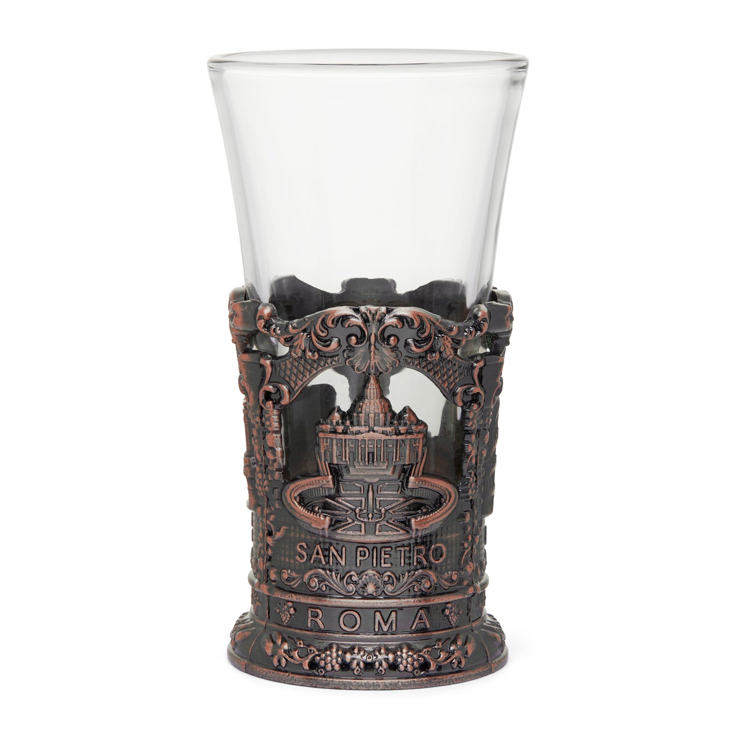 MONDO CATTOLICO ROMA Glass 9 cm (3.54 in) Glass Shot Glass with Bronze-toned Metal Base featuring St. Peter's Basilica and Colosseum