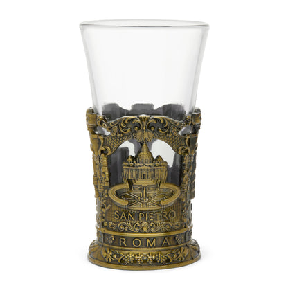 MONDO CATTOLICO ROMA Glass 9 cm (3.54 in) Glass Shot Glass with Gold-toned Metal Base featuring St. Peter's Basilica and Colosseum