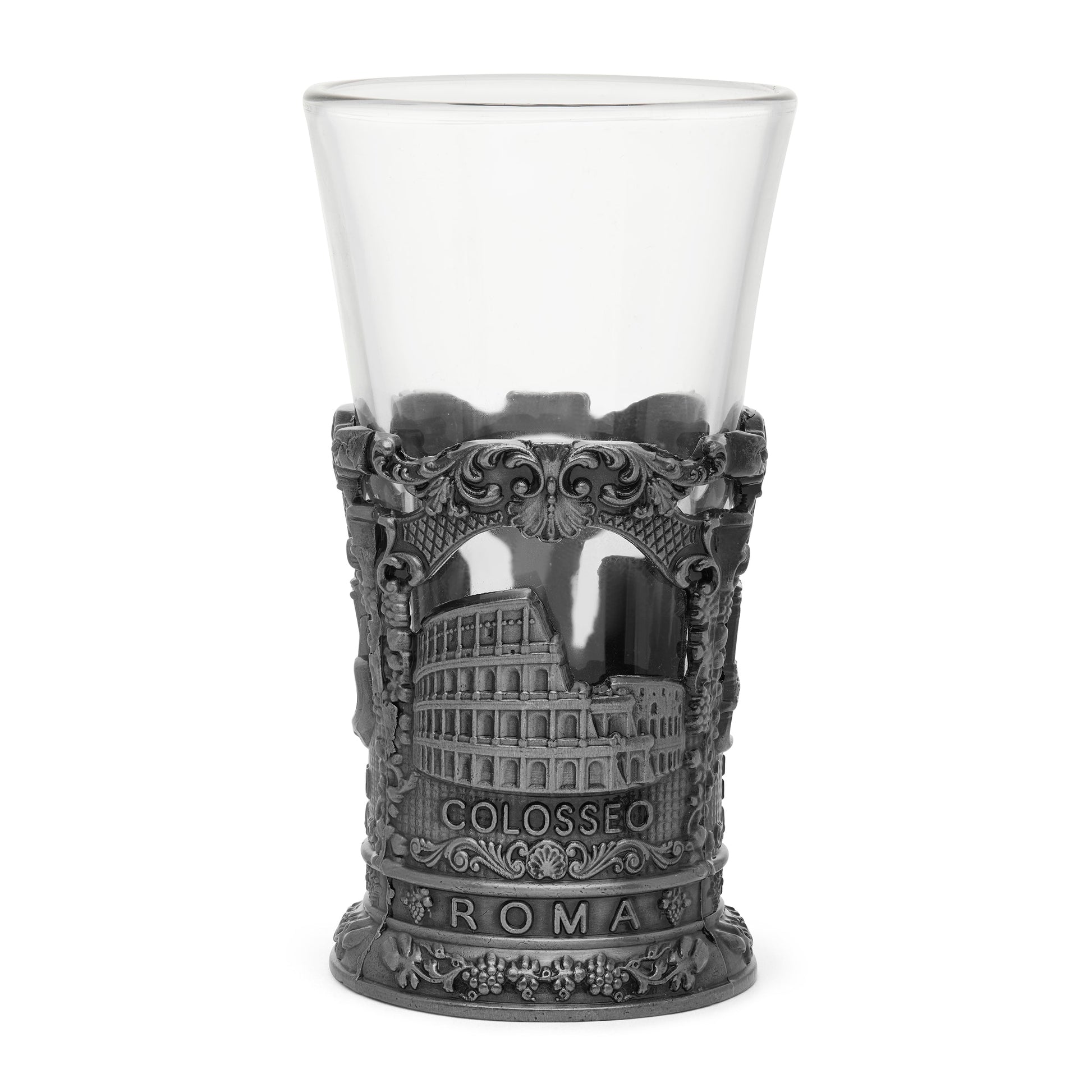 MONDO CATTOLICO ROMA Glass 9 cm (3.54 in) Glass Shot Glass with Silver-toned Metal Base featuring St. Peter's Basilica and Colosseum