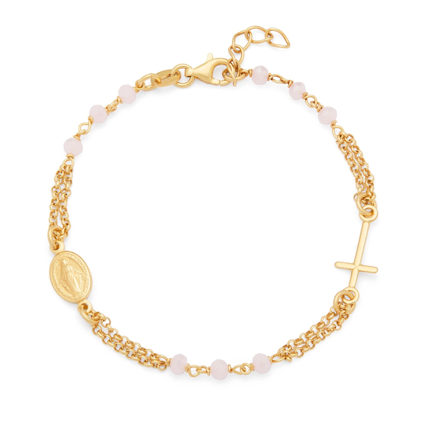 Mondo Cattolico Gold-plated Sterling Silver Bracelet with Light Rose Beads Featuring the Miraculous Medal and a Cross