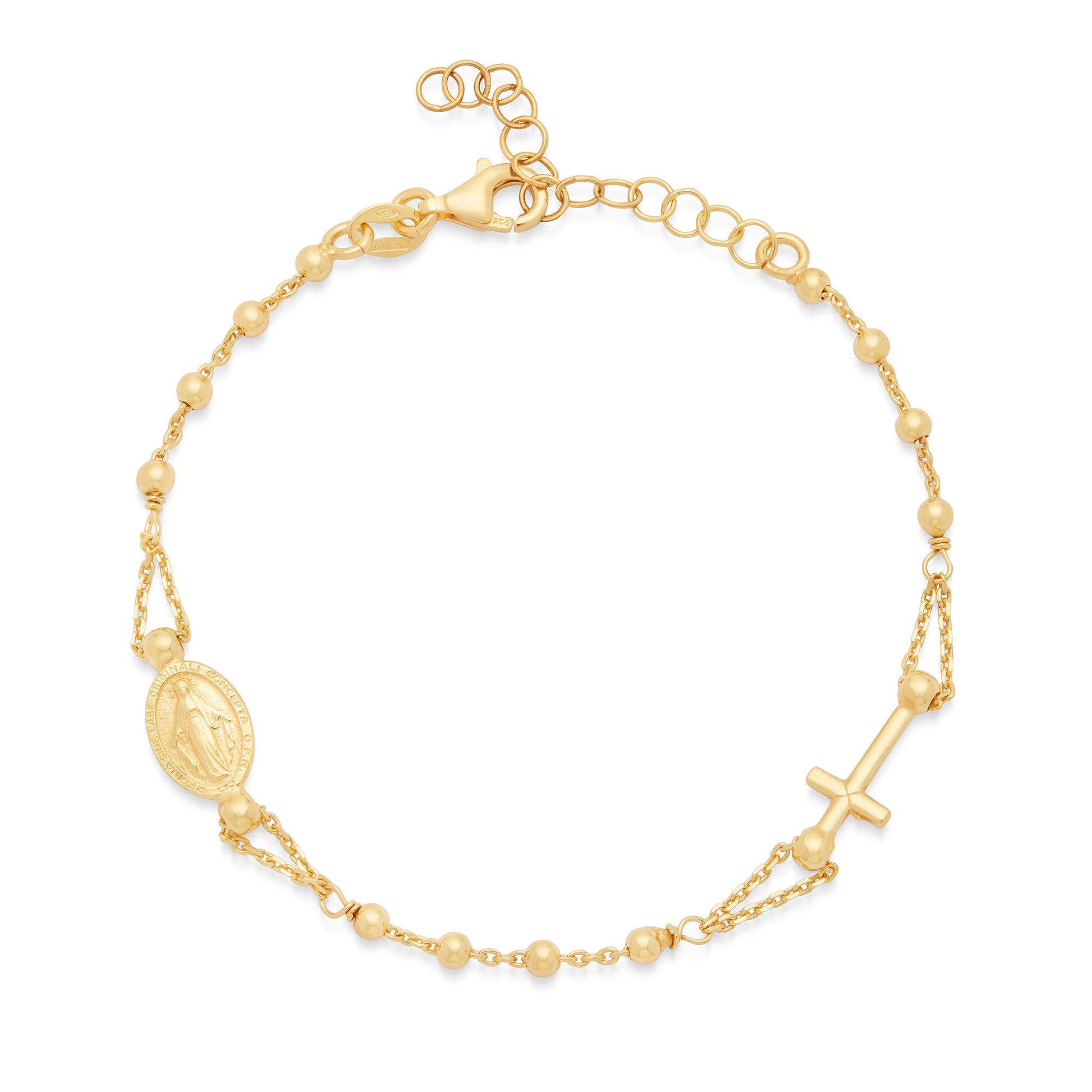 Mondo Cattolico Bracelet 16.5 - 19.5 cm (6.5 - 7.68 in) / 2.5 mm (0.10 in) Gold-plated Sterling Silver Bracelet with Miraculous Medal and Cross