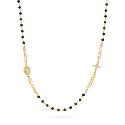 MONDO CATTOLICO ROMA Rosary 47 - 52 cm (18.50 - 20.47 in) / 3 mm (0.12 in) Gold-plated Sterling Silver Double Strand Rosary Necklace with Black Beads and Cubic Zirconia