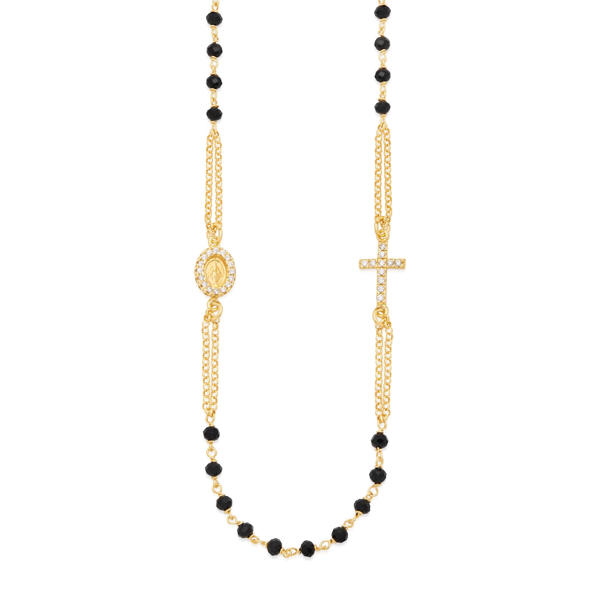 MONDO CATTOLICO ROMA Rosary 47 - 52 cm (18.50 - 20.47 in) / 3 mm (0.12 in) Gold-plated Sterling Silver Double Strand Rosary Necklace with Black Beads and Cubic Zirconia