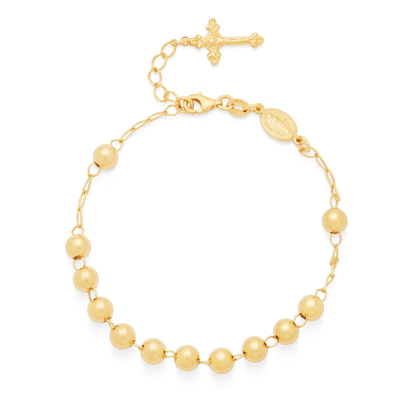 Mondo Cattolico Bracelet 20 - 22.5 cm (7.87 - 8.86 in) / 6 mm (0.24 in) Gold-plated Sterling Silver Rosary Bracelet with Miraculous Medal and Final Cross Pendant