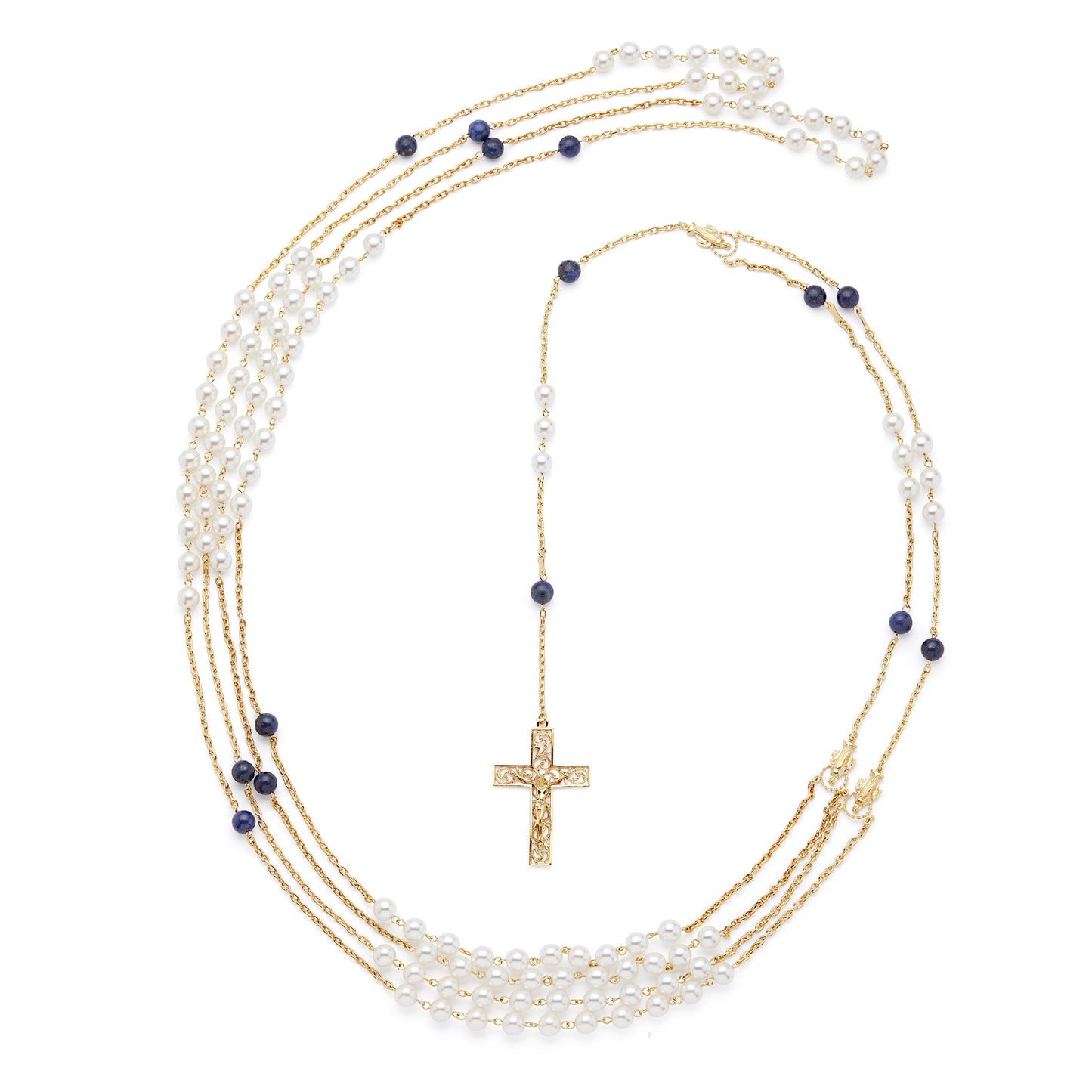 MONDO CATTOLICO ROMA Wedding Lazo 140 cm (55.12 in) / 125 cm (49.21 in) / 8 mm (0.31 in) Gold-plated Sterling Silver Wedding Lazo with Pearl and Blue Beads