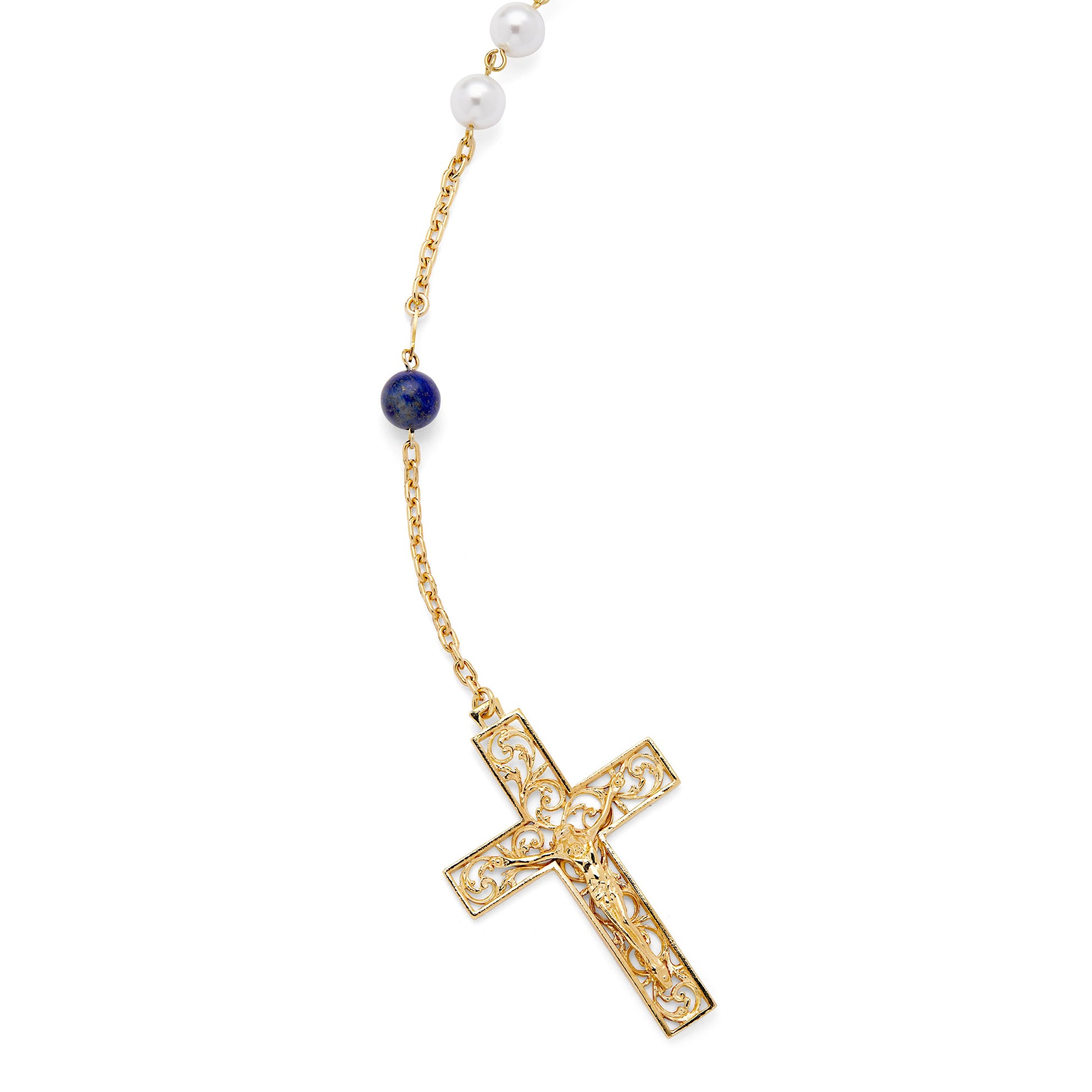 MONDO CATTOLICO ROMA Wedding Lazo 140 cm (55.12 in) / 125 cm (49.21 in) / 8 mm (0.31 in) Gold-plated Sterling Silver Wedding Lazo with Pearl and Blue Beads