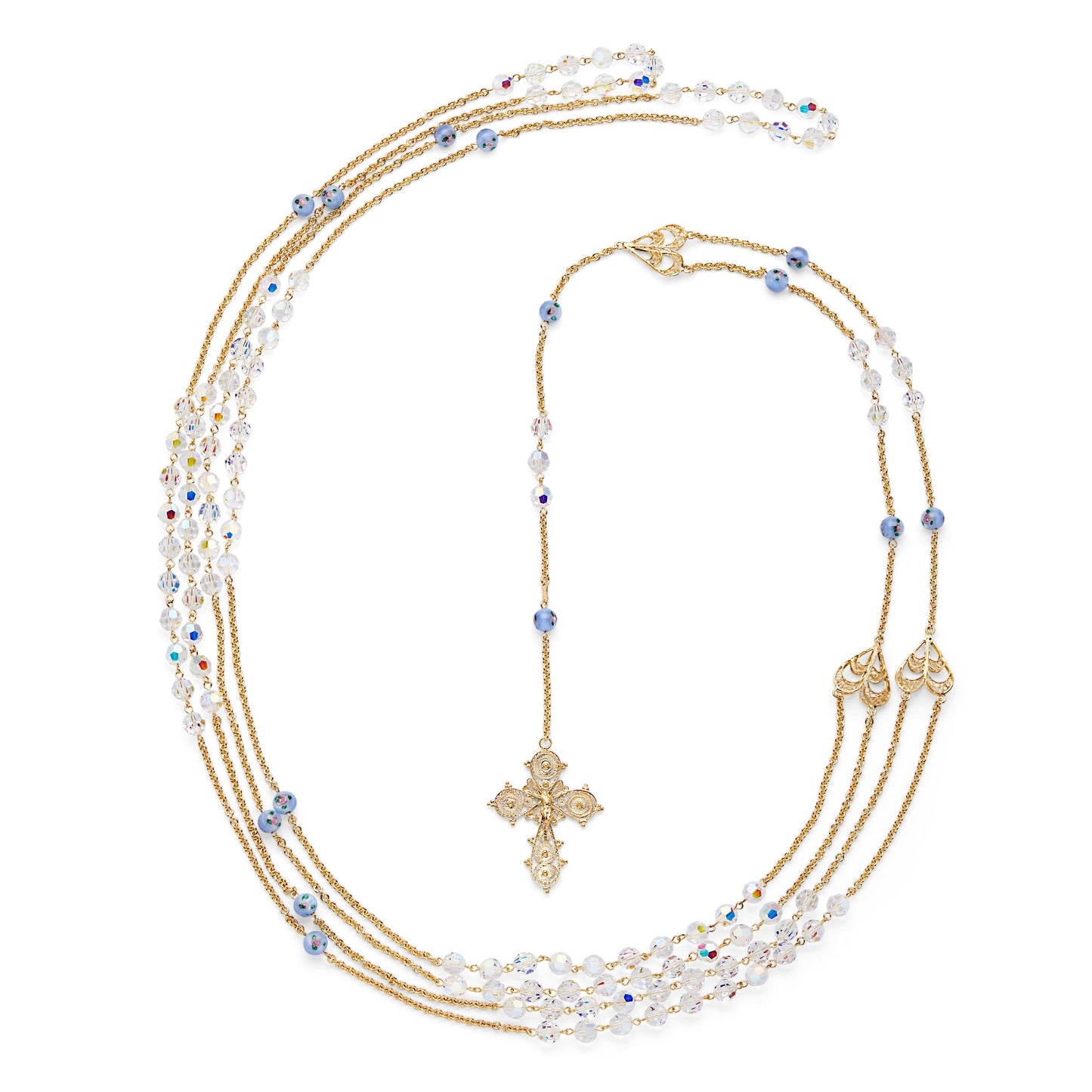 MONDO CATTOLICO ROMA Wedding Lazo 145 cm (57.09 in) / 125 cm (49.21 in) / 8 mm (0.31 in) Gold-plated Sterling Silver Wedding Lazo with Pearl and Blue Lampwork Beads