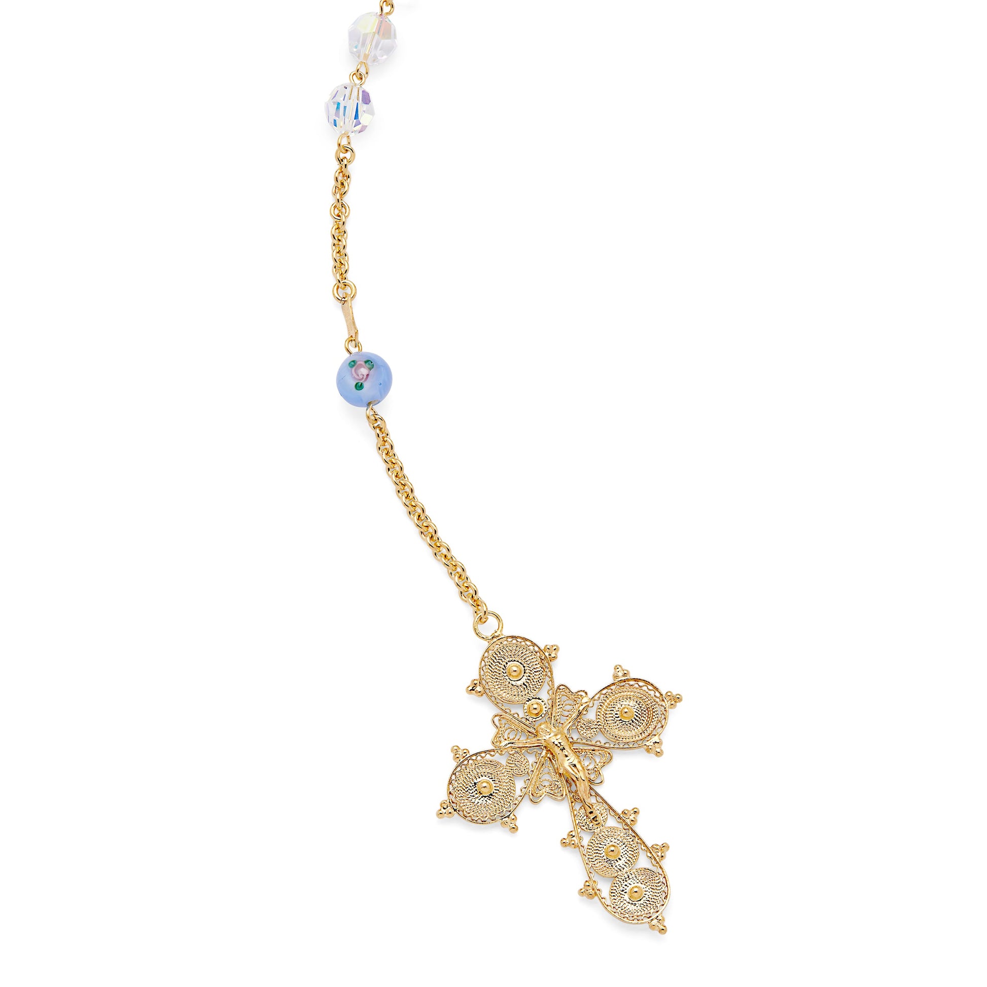 MONDO CATTOLICO ROMA Wedding Lazo 145 cm (57.09 in) / 125 cm (49.21 in) / 8 mm (0.31 in) Gold-plated Sterling Silver Wedding Lazo with Pearl and Blue Lampwork Beads