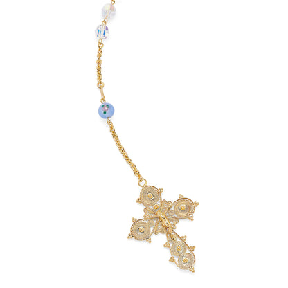 MONDO CATTOLICO ROMA Wedding Lazo 145 cm (57.09 in) / 125 cm (49.21 in) / 8 mm (0.31 in) Gold-plated Sterling Silver Wedding Lazo with Pearl and Blue Lampwork Beads